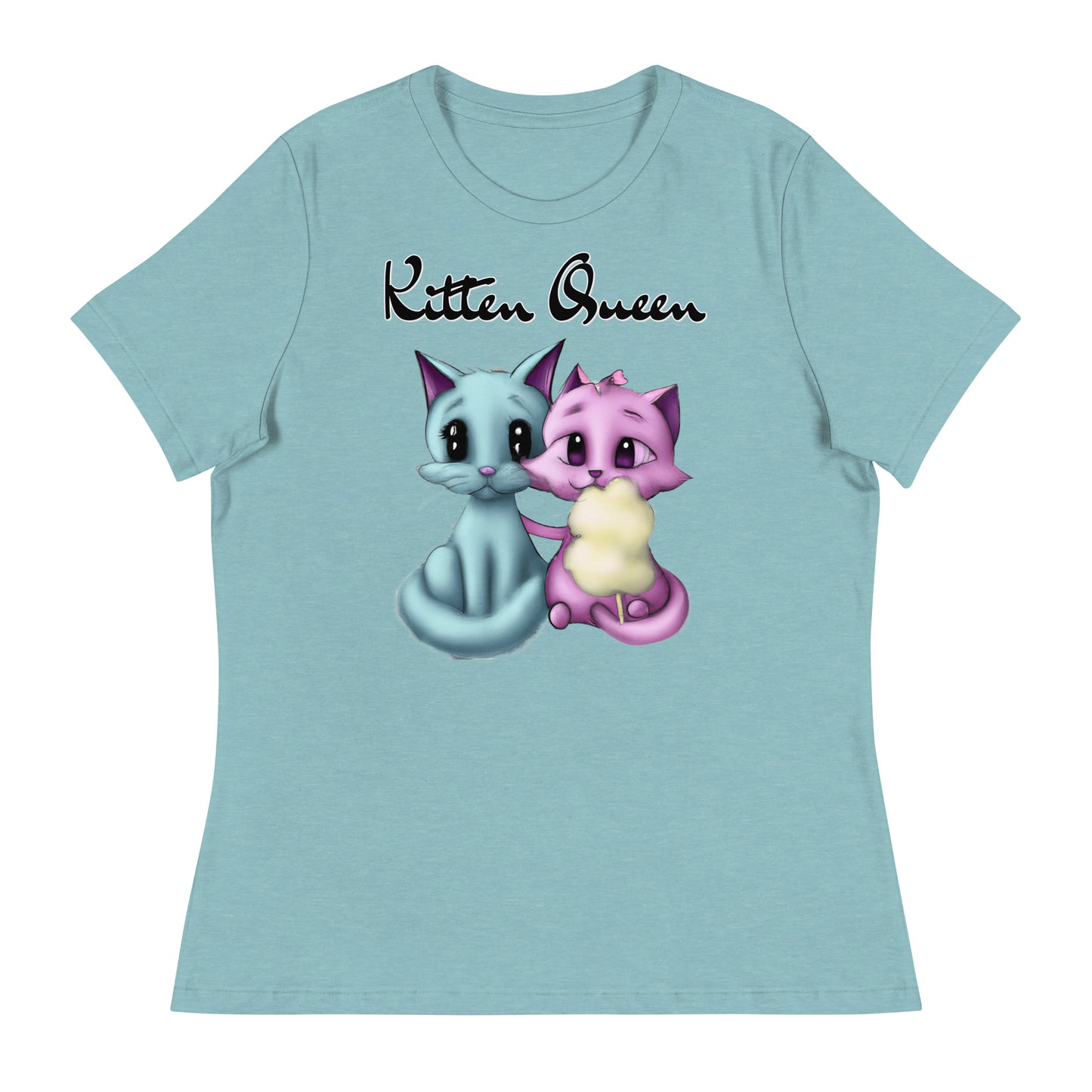 Women's T-Shirt with Hugging Kittens With Cotton Candy with a text "Kitten Queen" at $25.97 found at Personalizedpetlovergifts