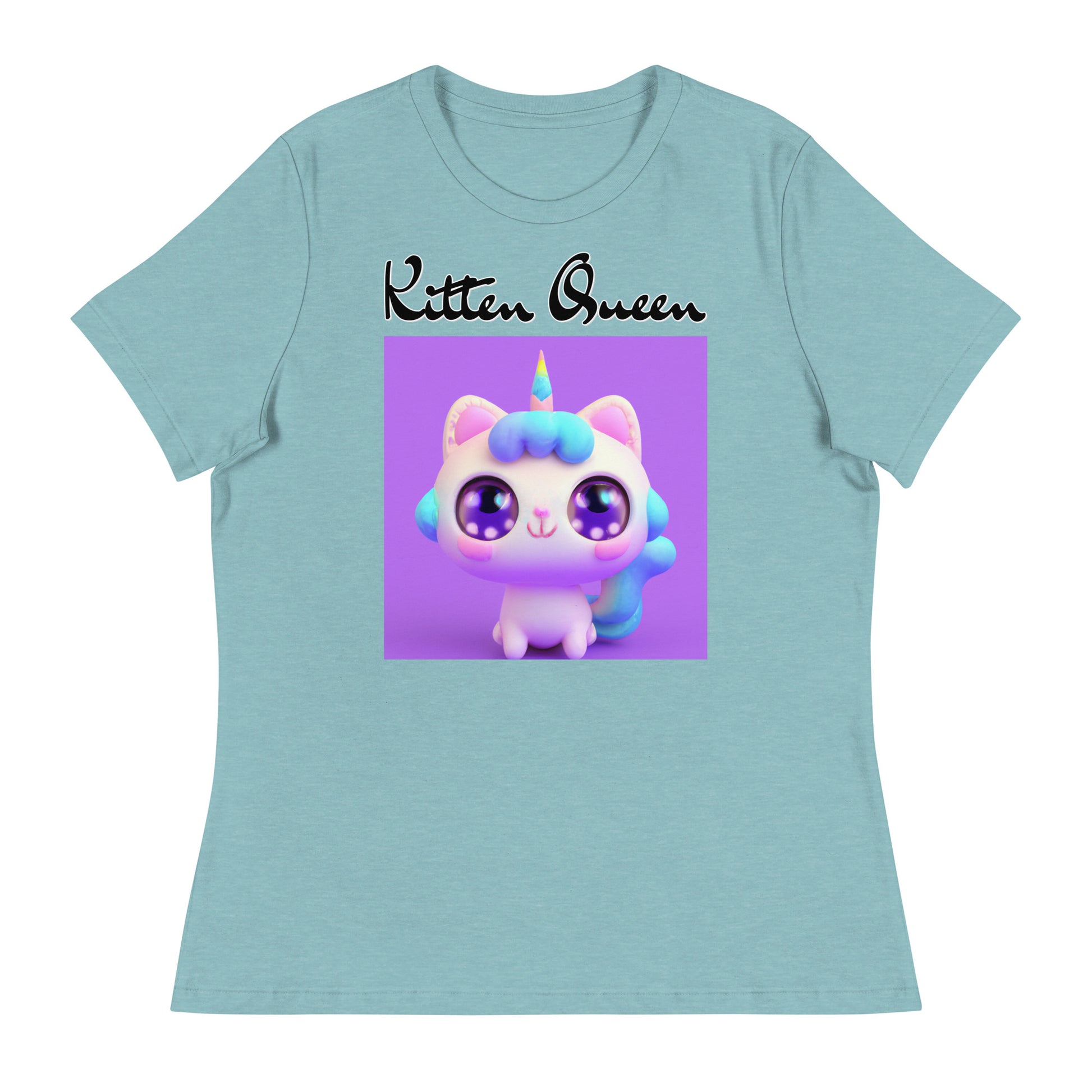 Women's T-Shirt with Happy Unicorn Kitten with a text "Kitten Queen" at $25.97 found at Personalizedpetlovergifts