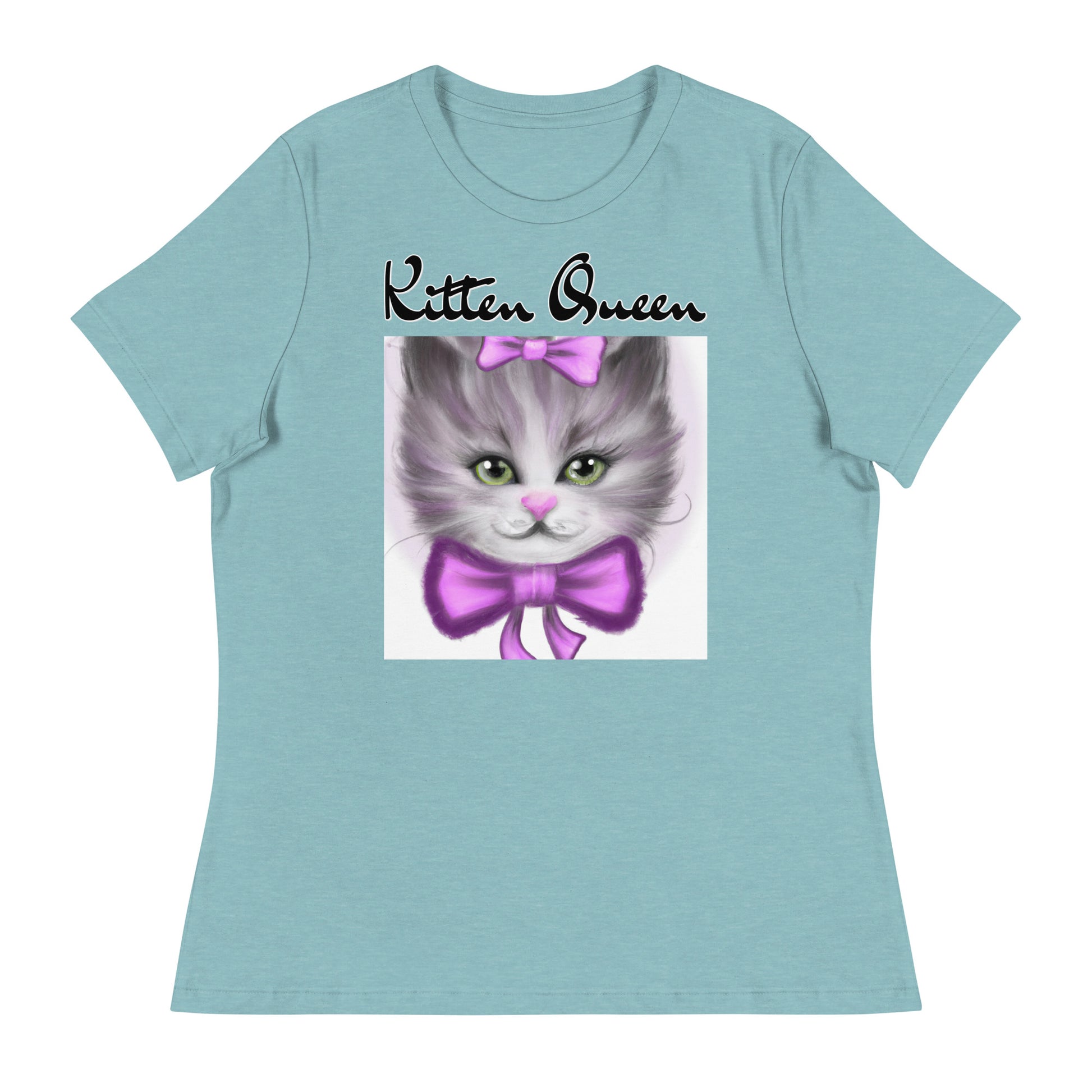 Women's T-Shirt with Happy Kitten With a Purple Bow with a text "Kitten Queen" at $25.97 found at Personalizedpetlovergifts