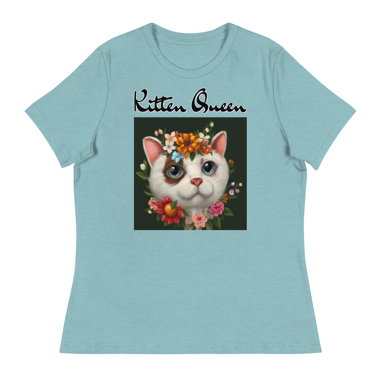 Women's T-Shirt with Happy Cat Portrait With Flowers with a text "Kitten Queen" at $25.97 found at Personalizedpetlovergifts