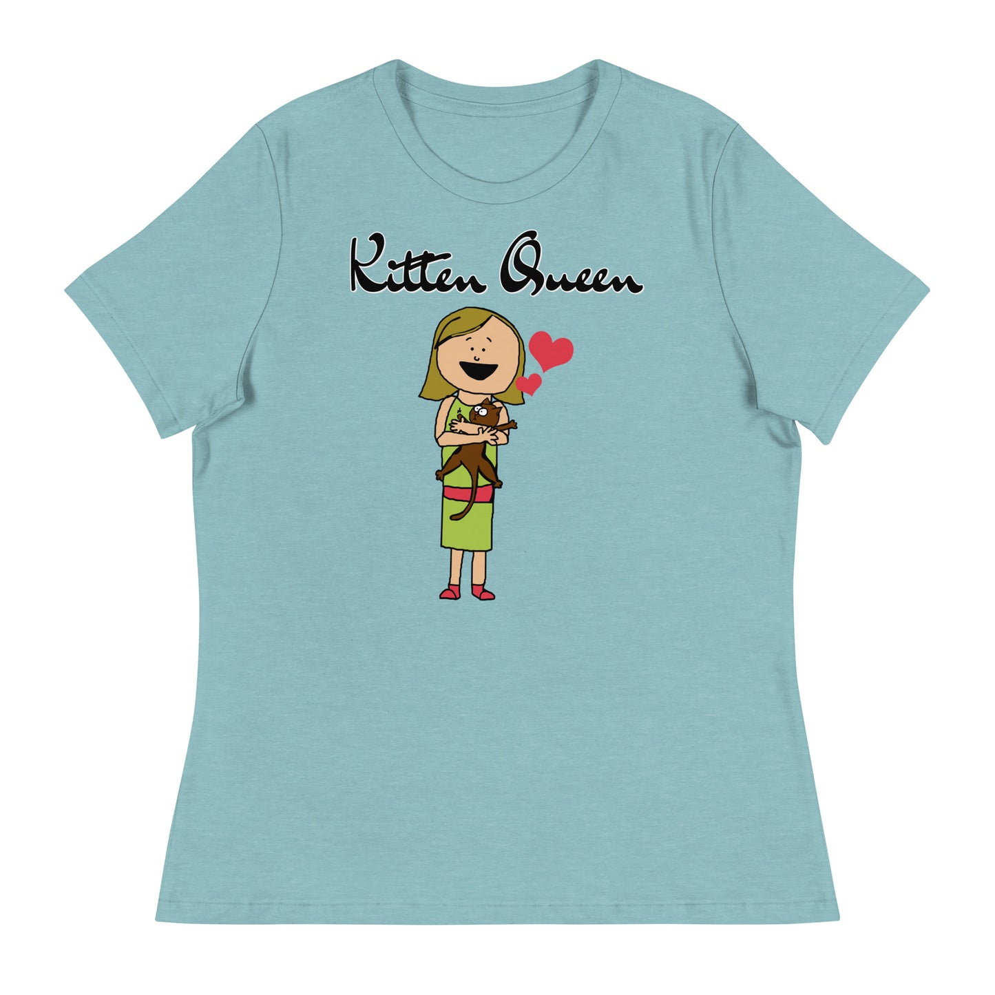 Women's T-Shirt with Girl Holding a Kitten with a text "Kitten Queen" at $25.97 found at Personalizedpetlovergifts