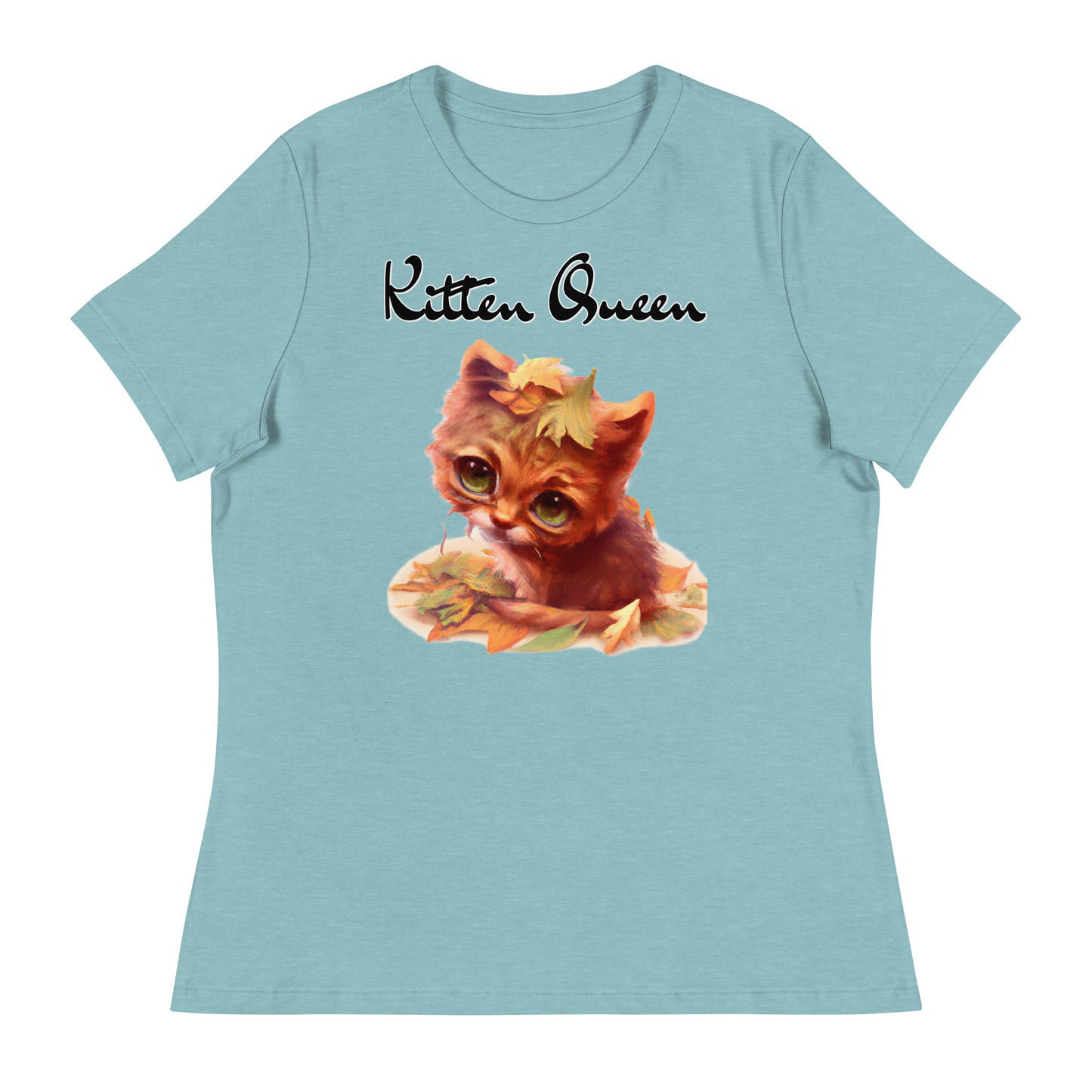 Women's T-Shirt with Ginger Cat With Autumn Leaves with a text "Kitten Queen" at $25.97 found at Personalizedpetlovergifts