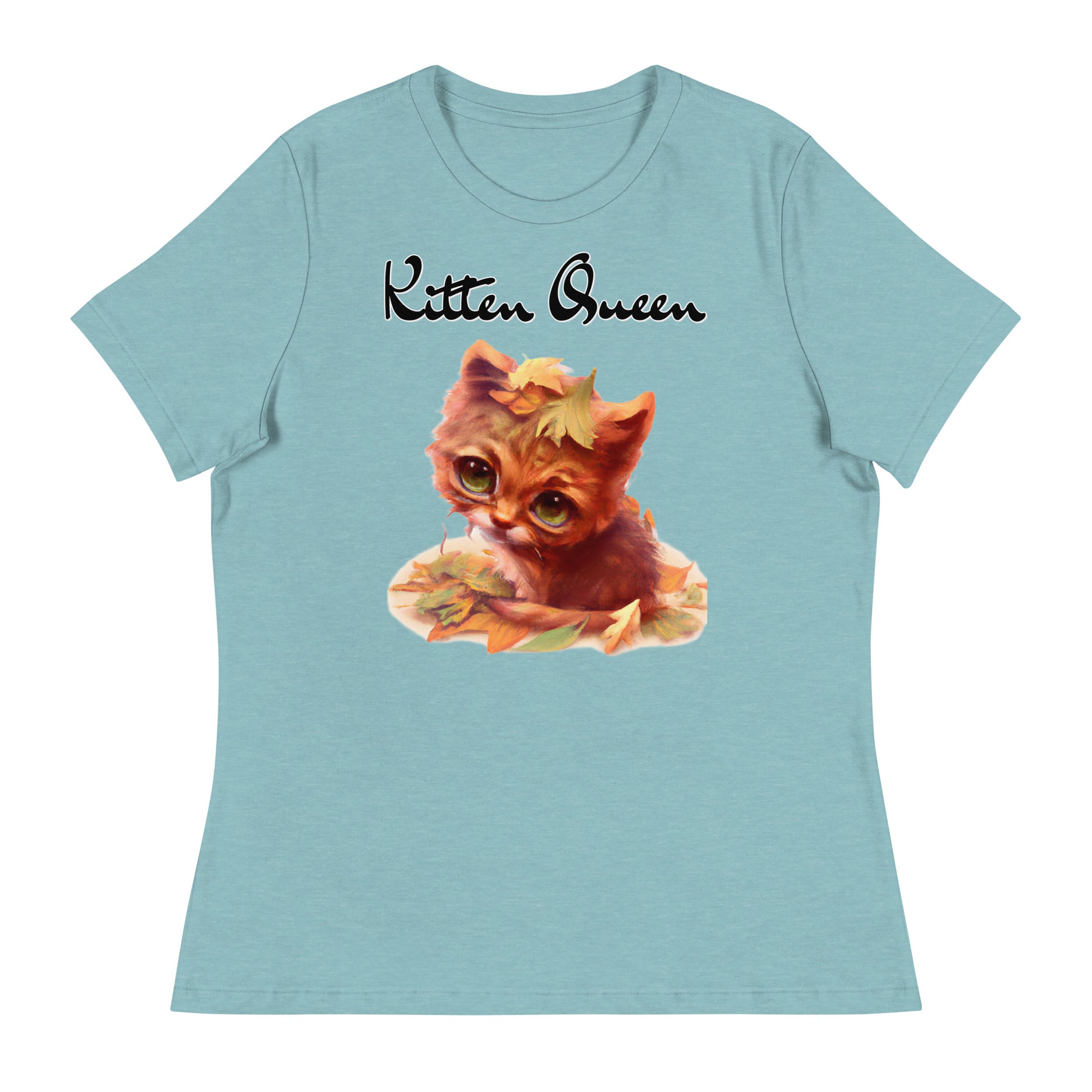 Women's T-Shirt with Ginger Cat With Autumn Leaves with a text "Kitten Queen" at $25.97 found at Personalizedpetlovergifts