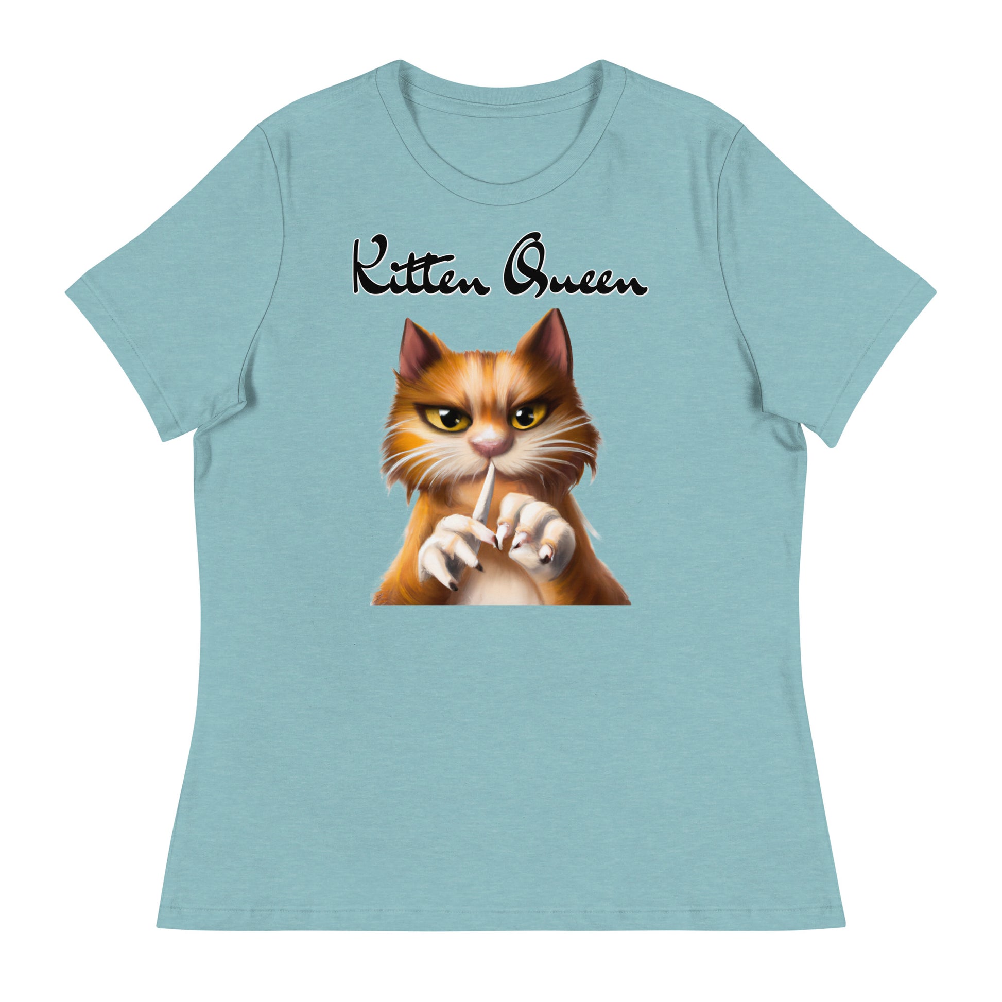 Women's T-Shirt with Ginger Cat Filing Its Nails with a text "Kitten Queen" at $25.97 found at Personalizedpetlovergifts