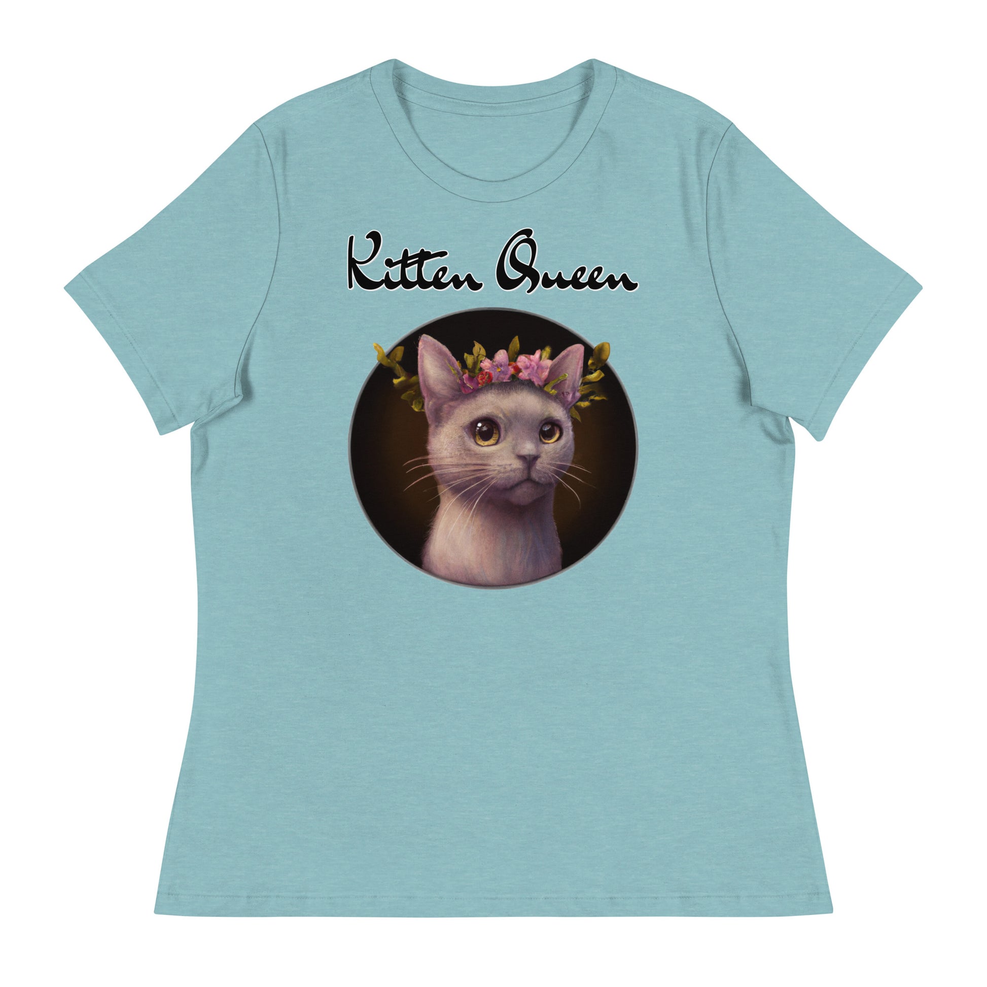 Women's T-Shirt with Gentle Cat With Pink Floral Headpiece with a text "Kitten Queen" at $25.97 found at Personalizedpetlovergifts