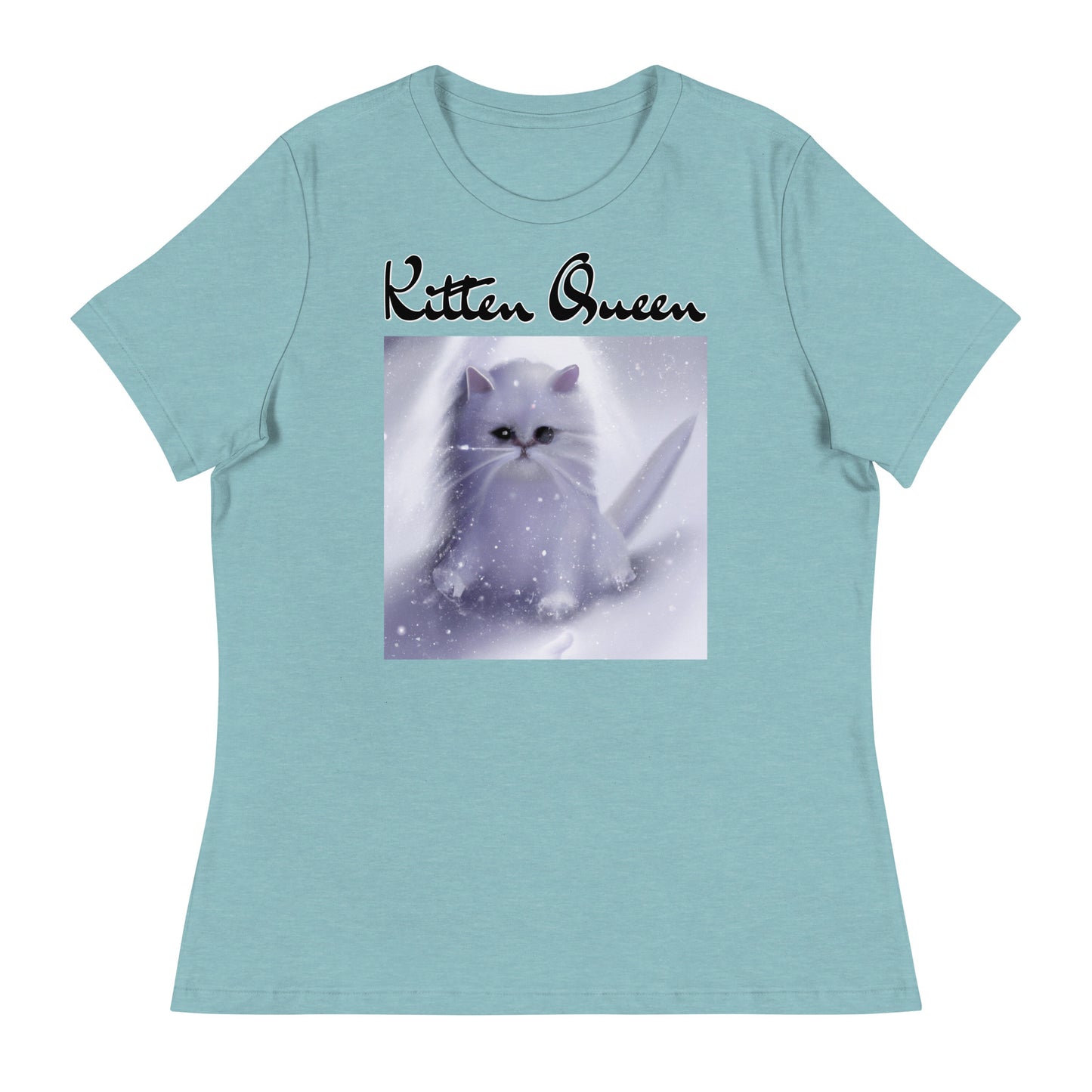 Women's T-Shirt with Fluffy White Kitten In The SNow with a text "Kitten Queen" at $25.97 found at Personalizedpetlovergifts