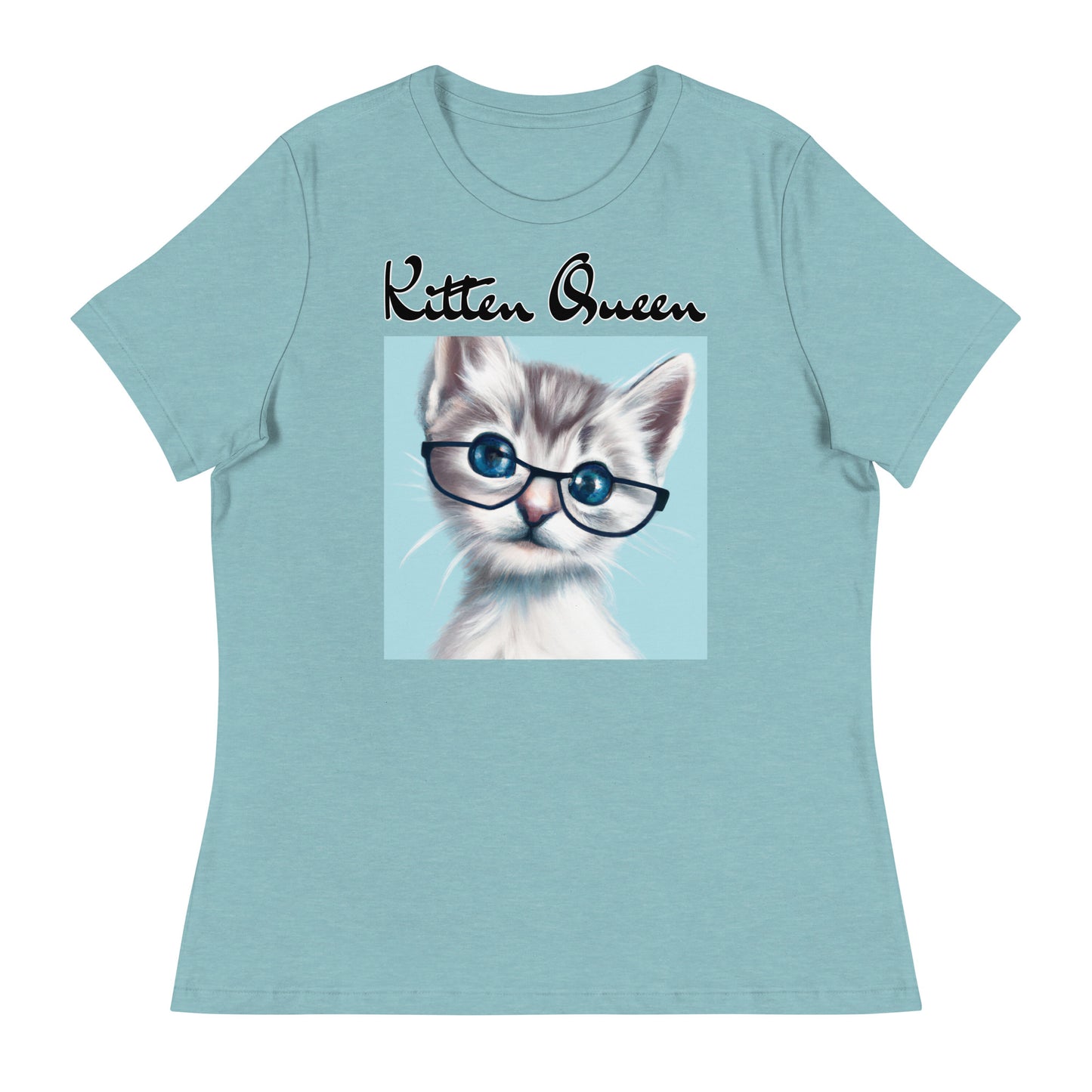 Women's T-Shirt with Fluffy Kitten With Glasses with a text "Kitten Queen" at $25.97 found at Personalizedpetlovergifts