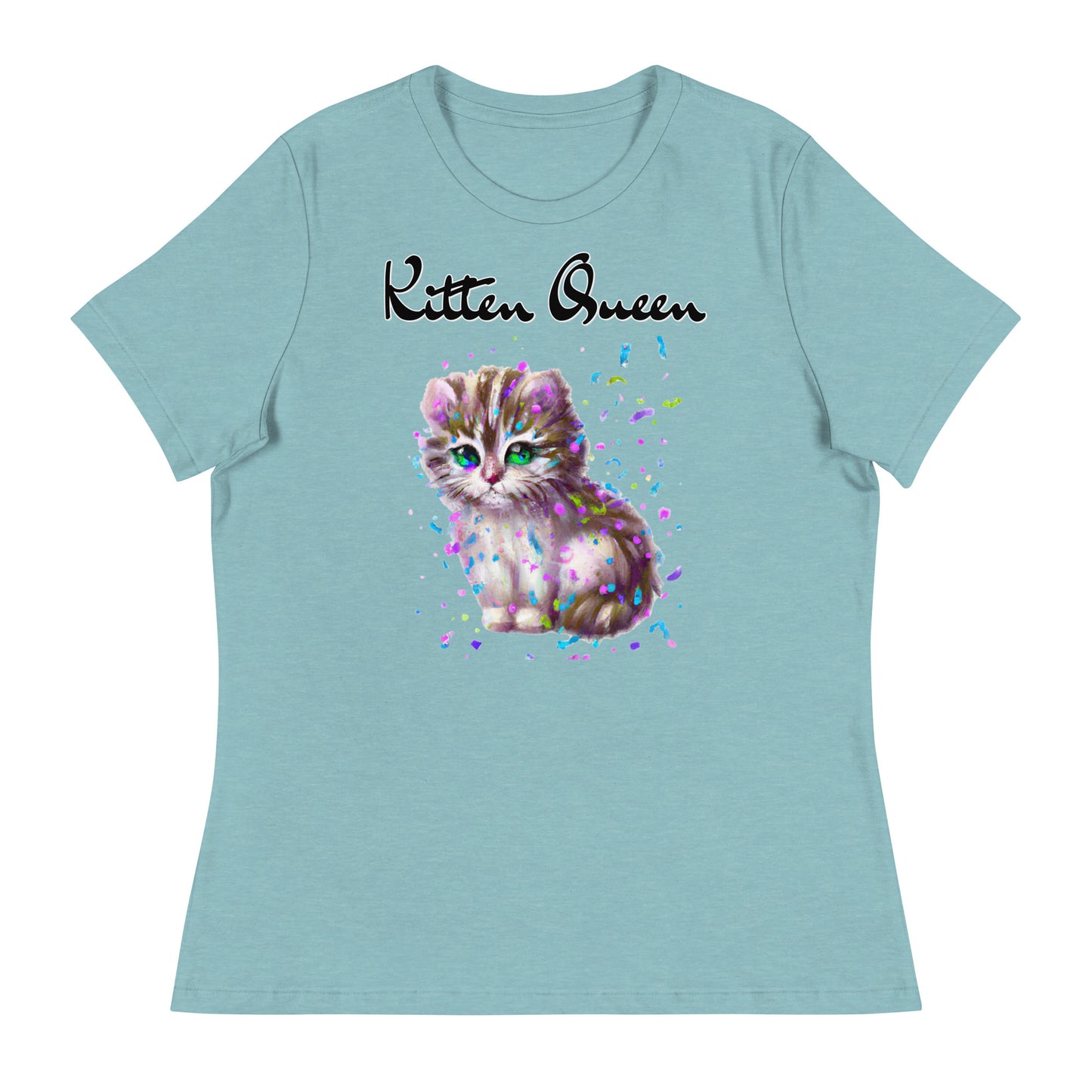 Women's T-Shirt with Fluffy Kitten With Confetti with a text "Kitten Queen" at $25.97 found at Personalizedpetlovergifts