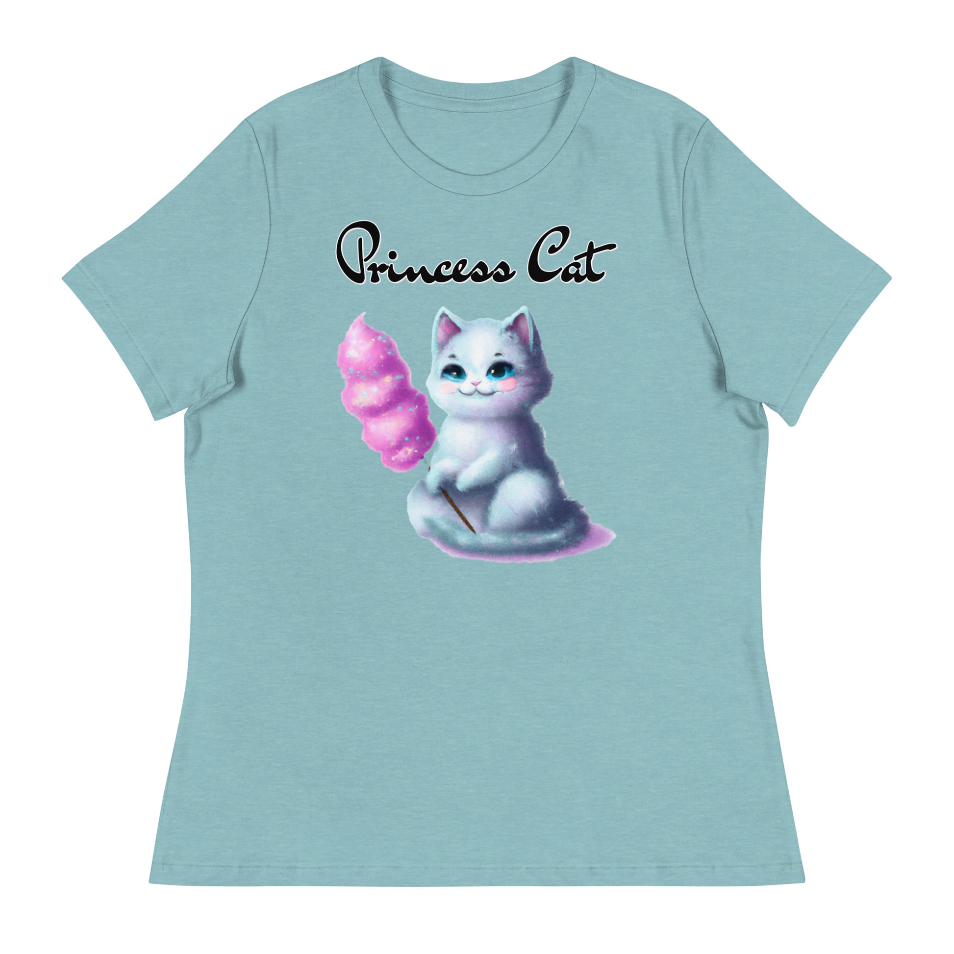 Women's T-Shirt with Kitten Holding A Cotton Candy with a text "Princess Cat" at $25.97 found at Personalizedpetlovergifts