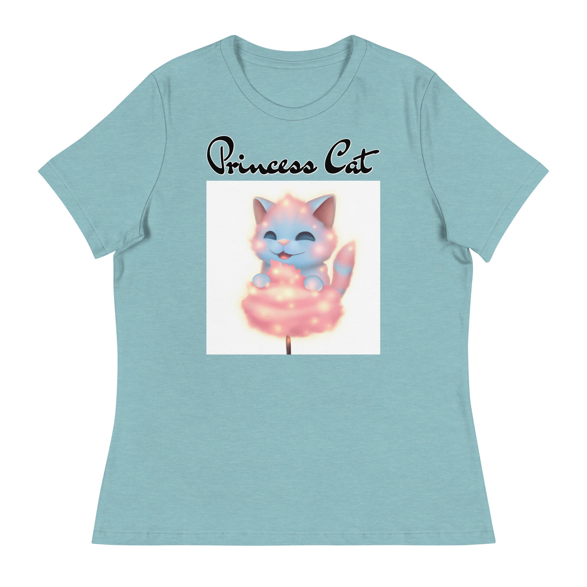 Women's T-Shirt with Kitten Enjoying a Cotton Candy with a text "Princess Cat" at $25.97 found at Personalizedpetlovergifts