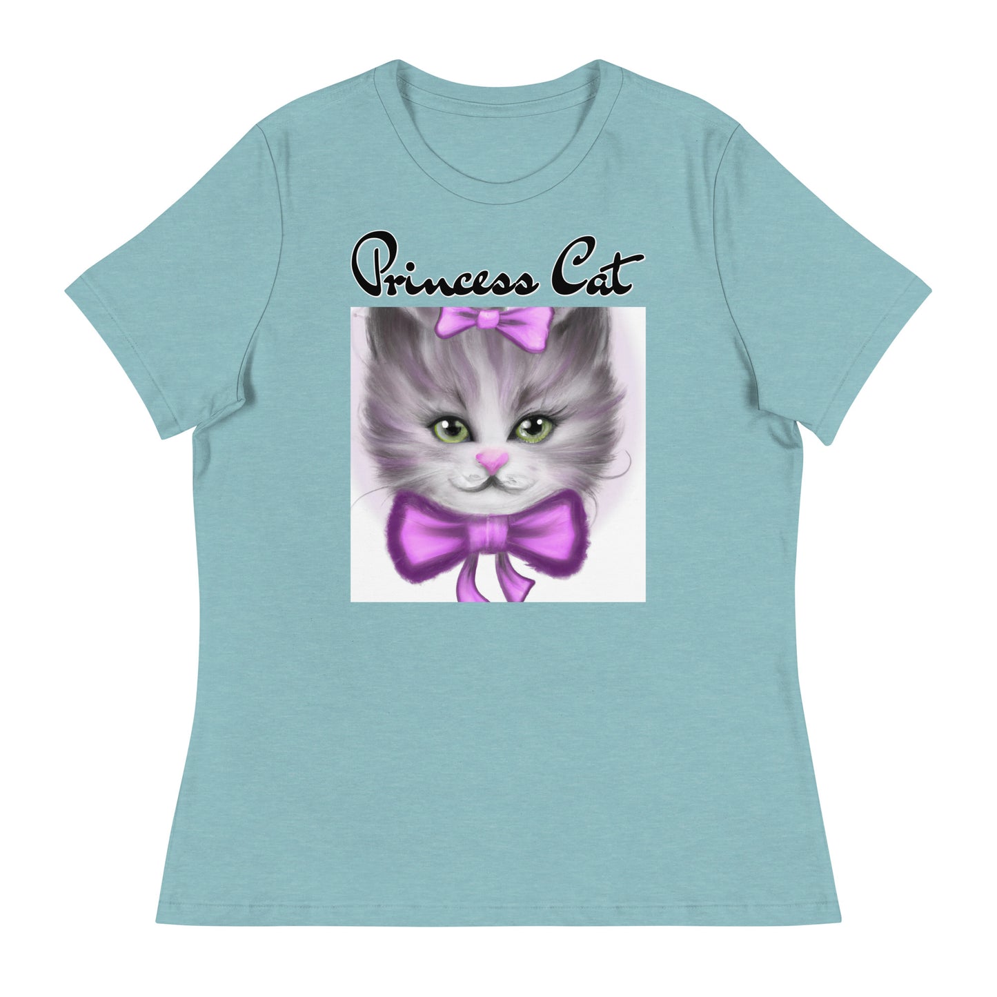 Women's T-Shirt with Happy Kitten With a Purple Bow with a text "Princess Cat" at $25.97 found at Personalizedpetlovergifts