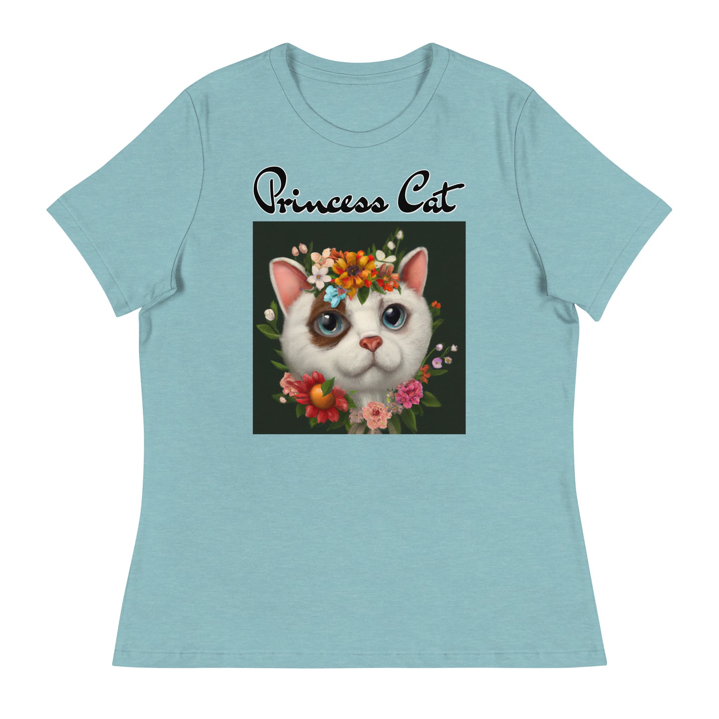 Women's T-Shirt with Happy Cat Portrait With Flowers with a text "Princess Cat" at $25.97 found at Personalizedpetlovergifts