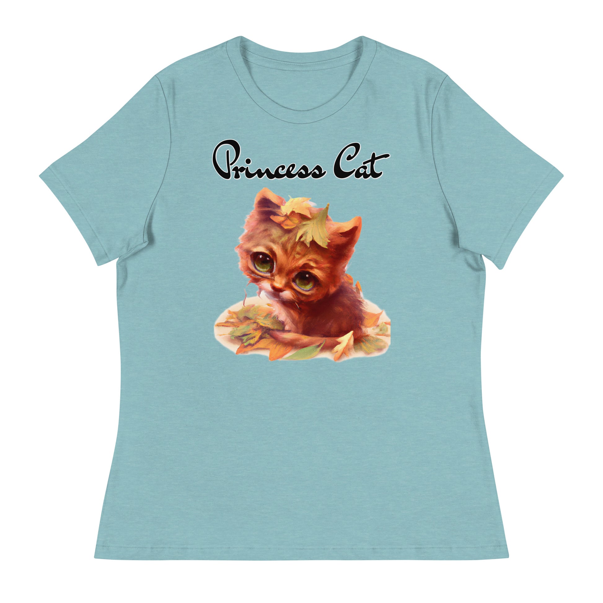 Women's T-Shirt with Ginger Cat With Autumn Leaves with a text "Princess Cat" at $25.97 found at Personalizedpetlovergifts