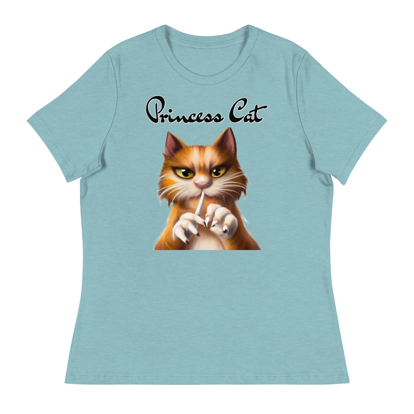 Women's T-Shirt with Ginger Cat Filing Its Nails with a text "Princess Cat" at $25.97 found at Personalizedpetlovergifts