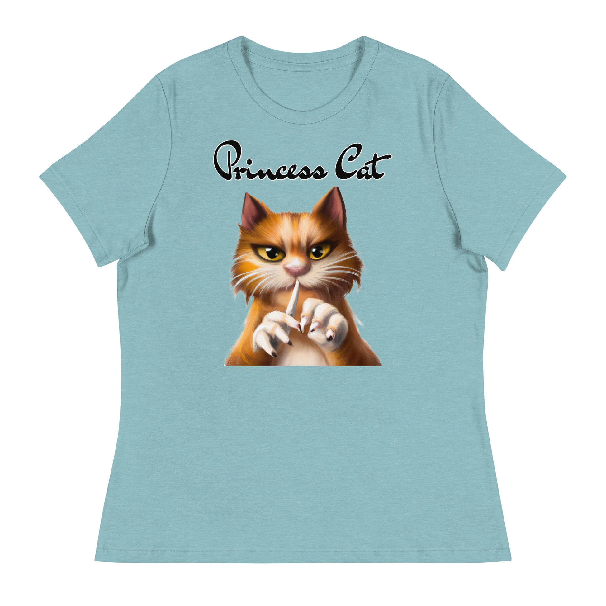 Women's T-Shirt with Ginger Cat Filing Its Nails with a text "Princess Cat" at $25.97 found at Personalizedpetlovergifts