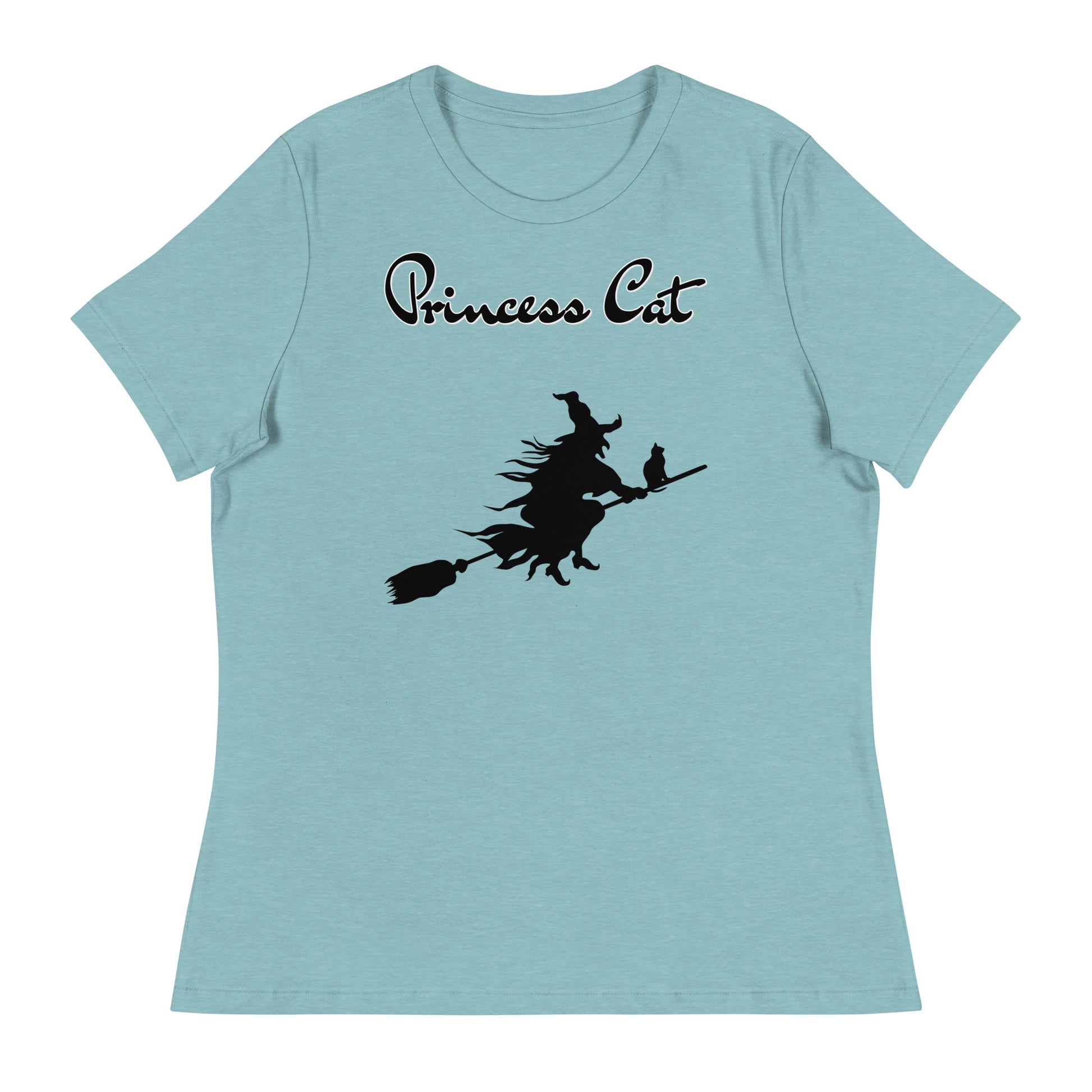 Women's T-Shirt with Flying Witch With Cat On a Broom with a text "Princess Cat" at $25.97 found at Personalizedpetlovergifts