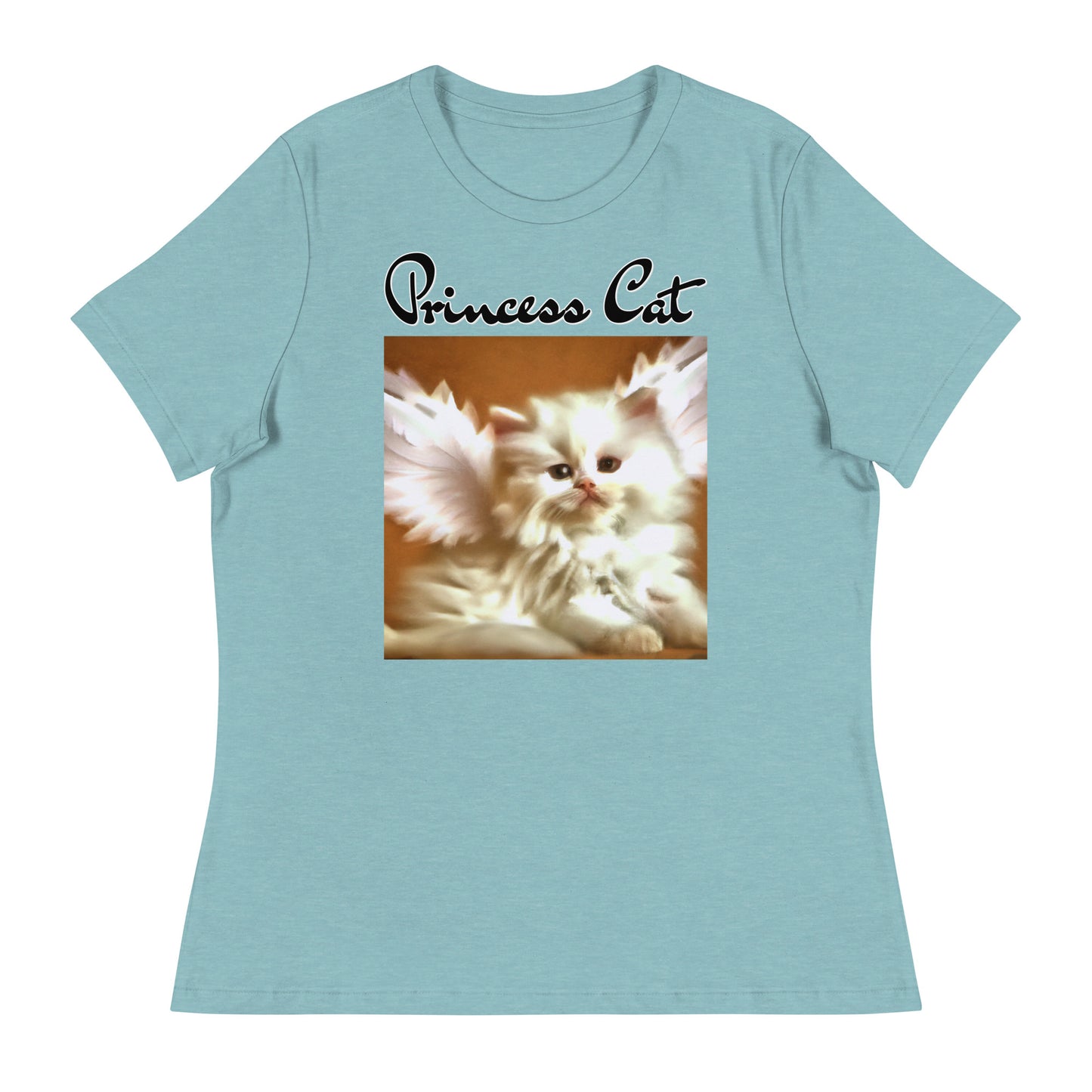 Women's T-Shirt with Fluffy White Kitten With Angel Wings with a text "Princess Cat" at $25.97 found at Personalizedpetlovergifts