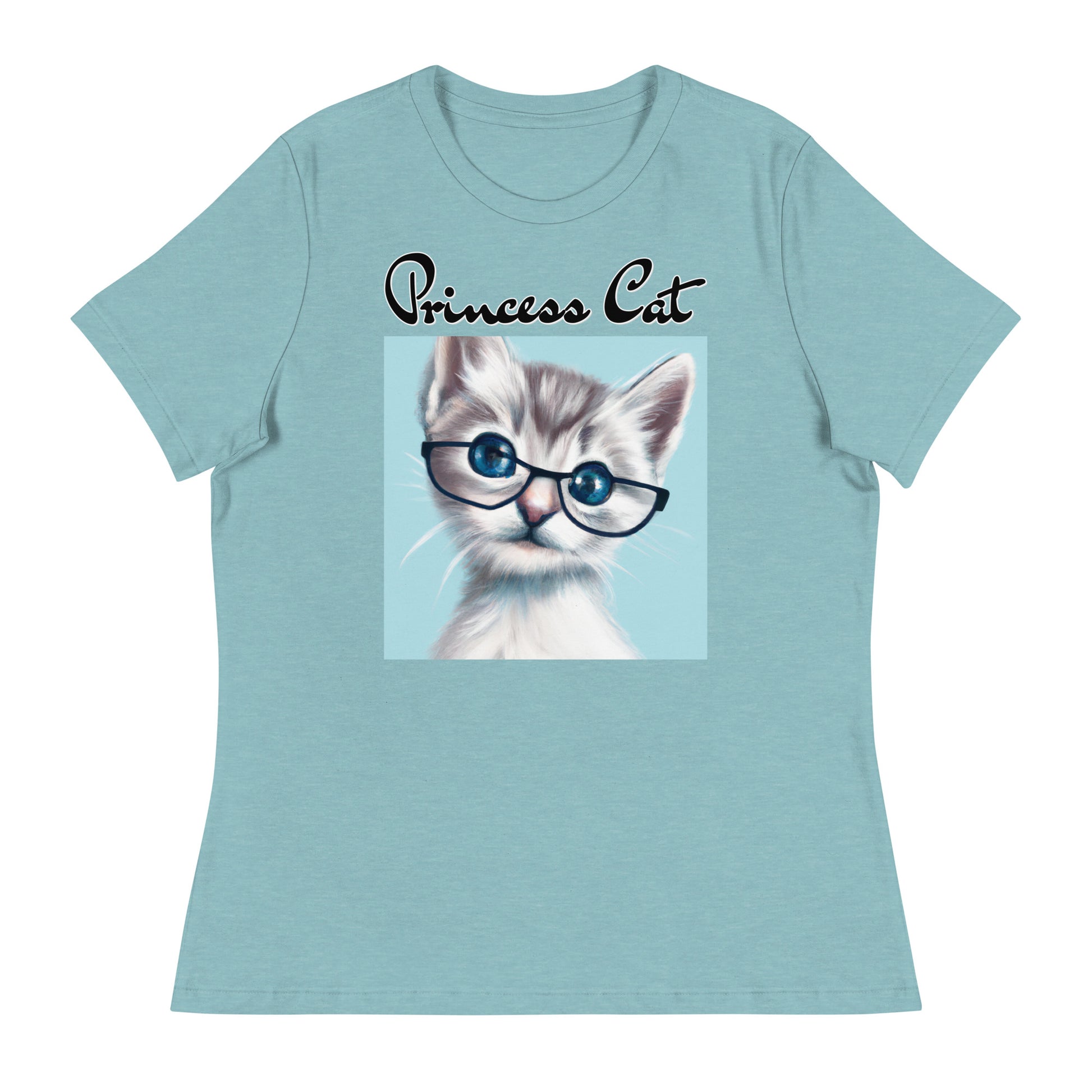 Women's T-Shirt with Fluffy Kitten With Glasses with a text "Princess Cat" at $25.97 found at Personalizedpetlovergifts