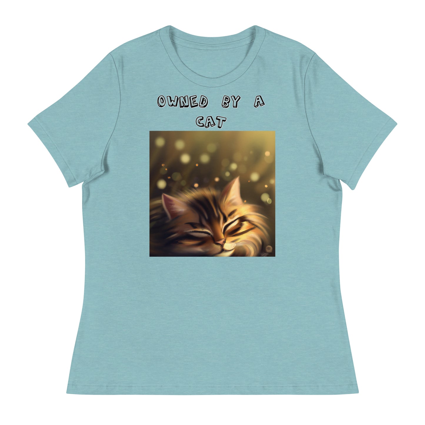 Women's White T-Shirt with Sleepy Cat with a text "Owned by a Cat" at $25.97 found at Personalizedpetlovergifts