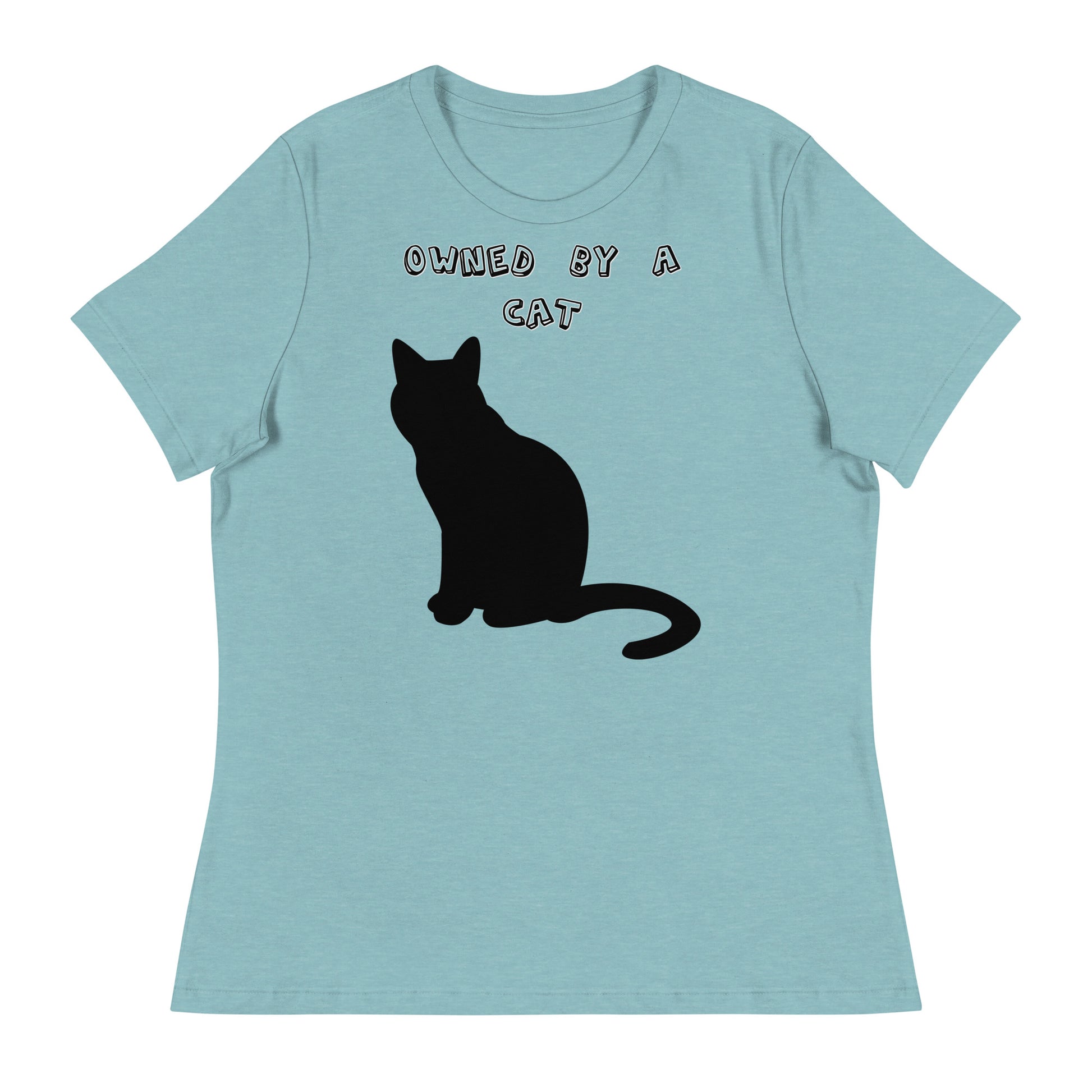 Women's White T-Shirt with Silhouette Of Black Cat with a text "Owned by a Cat" at $25.97 found at Personalizedpetlovergifts