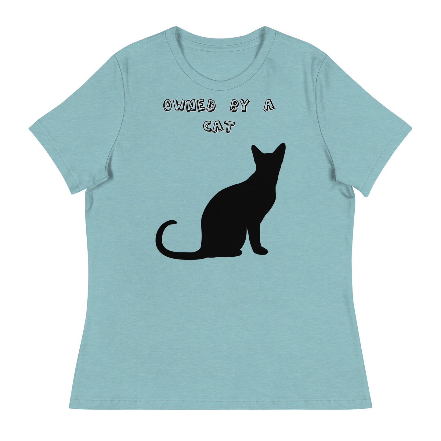 Women's White T-Shirt with Silhouette Of a Black Cat with a text "Owned by a Cat" at $25.97 found at Personalizedpetlovergifts