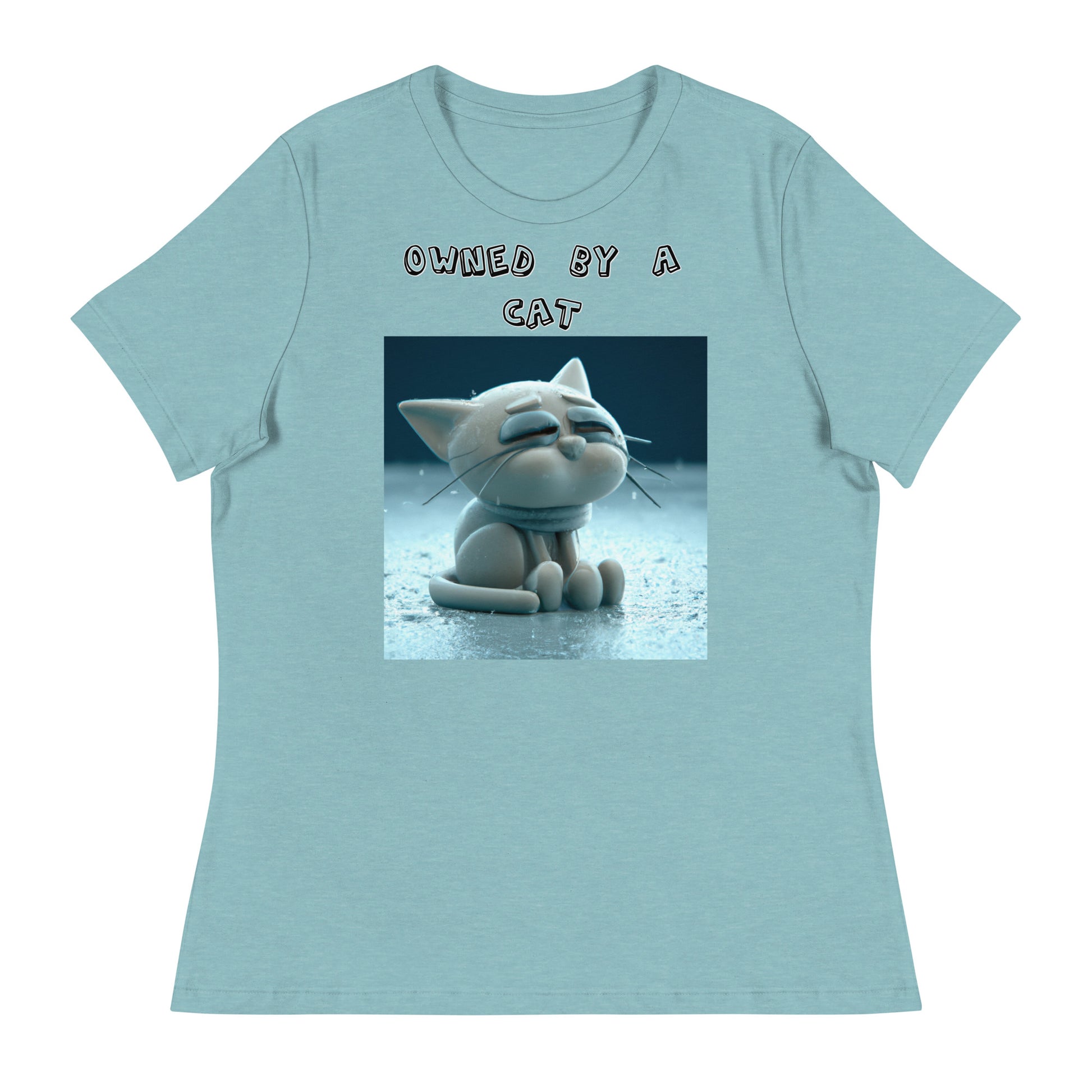 Women's White T-Shirt with Sad Sitting Kitten with a text "Owned by a Cat" at $25.97 found at Personalizedpetlovergifts