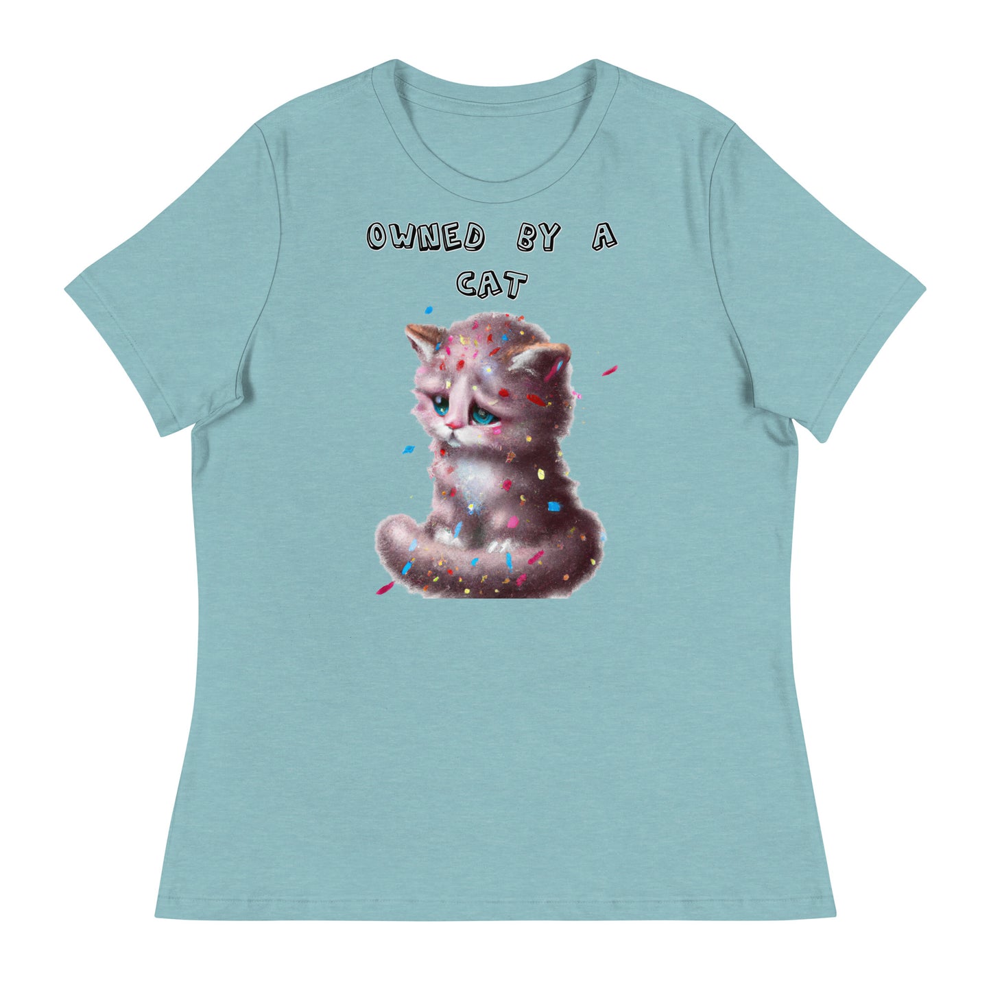 Women's White T-Shirt with Sad Kitten With Confetti with a text "Owned by a Cat" at $25.97 found at Personalizedpetlovergifts