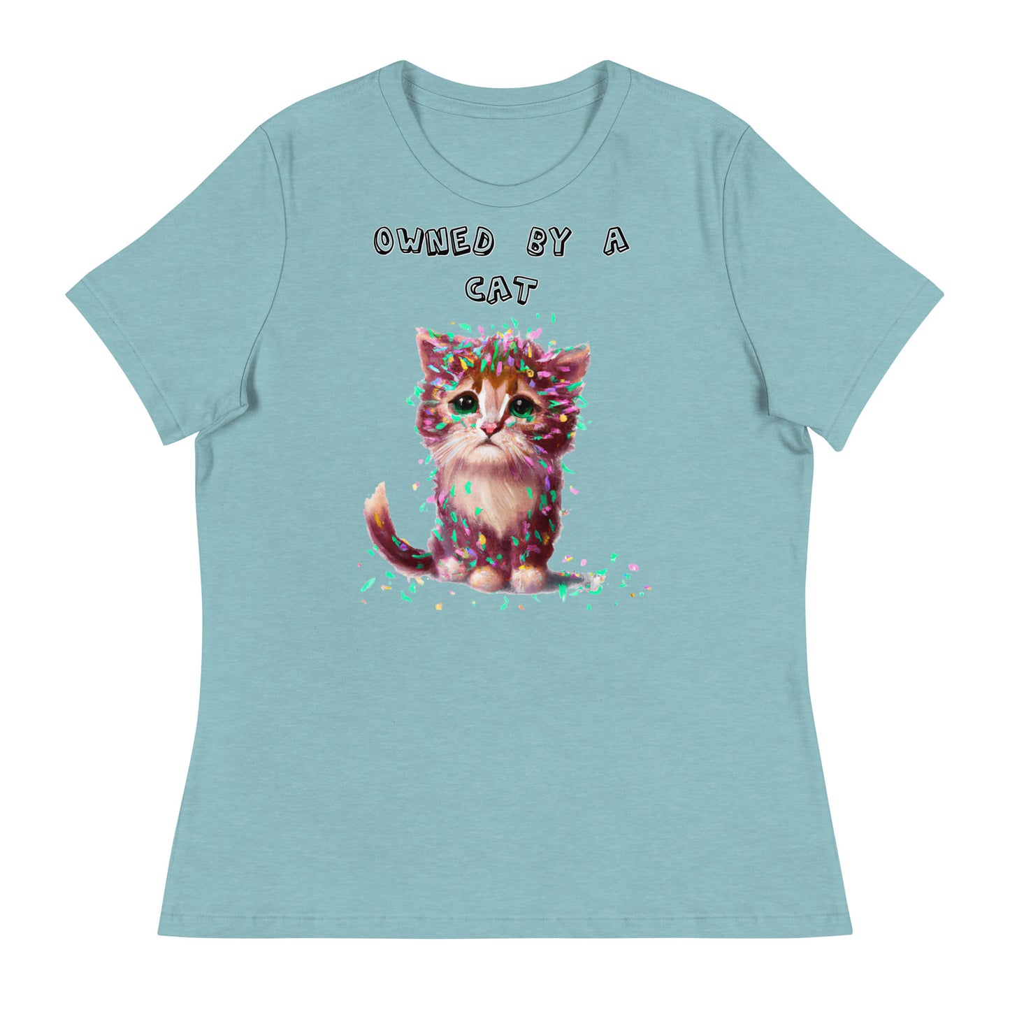 Women's White T-Shirt with Sad Kitten Covered In Confetti with a text "Owned by a Cat" at $25.97 found at Personalizedpetlovergifts