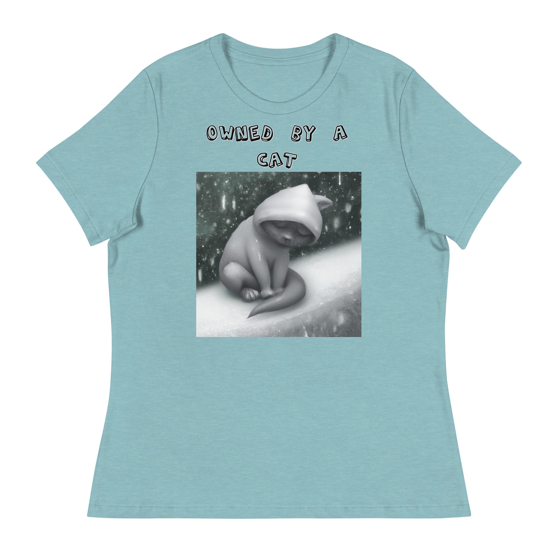 Women's White T-Shirt with Sad Cold Kitten In The Snow with a text "Owned by a Cat" at $25.97 found at Personalizedpetlovergifts