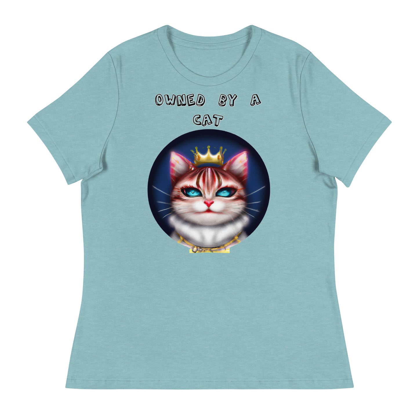 Women's White T-Shirt with Queen Kitten In a Circle with a text "Owned by a Cat" at $25.97 found at Personalizedpetlovergifts