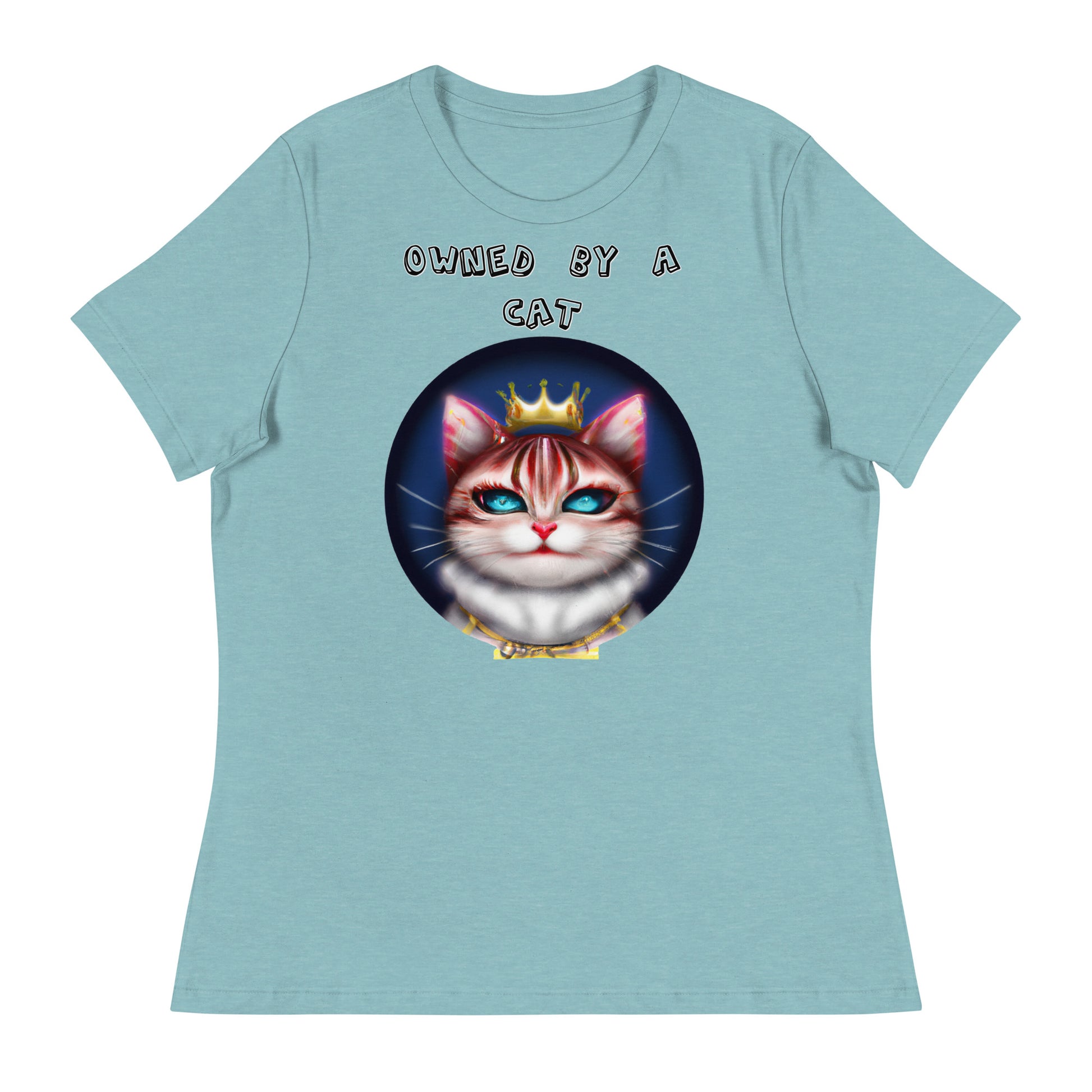 Women's White T-Shirt with Queen Kitten In a Circle with a text "Owned by a Cat" at $25.97 found at Personalizedpetlovergifts