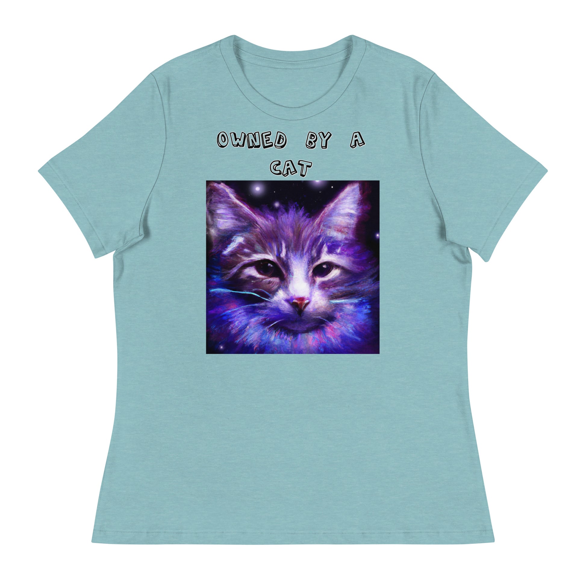 Women's White T-Shirt with Purple Space Cat with a text "Owned by a Cat" at $25.97 found at Personalizedpetlovergifts