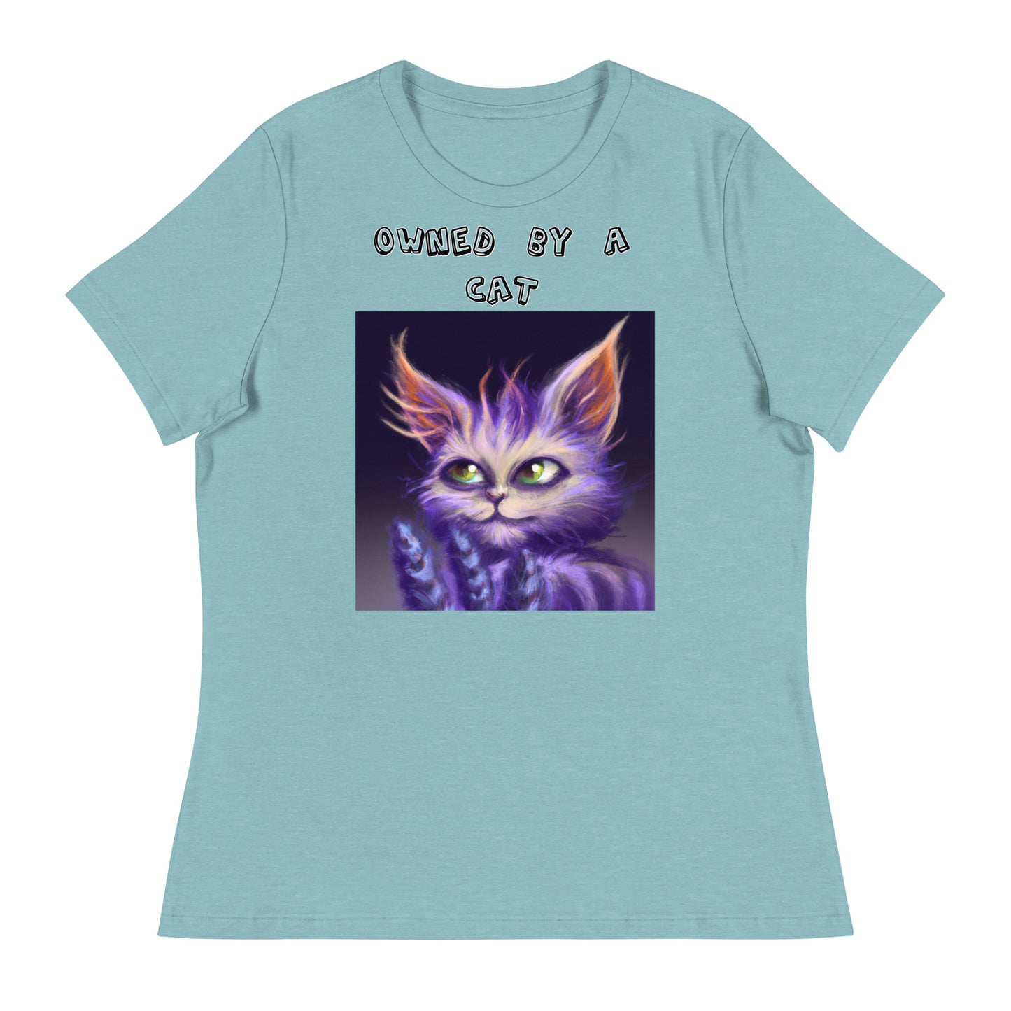 Women's White T-Shirt with Purple Alien Cat with a text "Owned by a Cat" at $25.97 found at Personalizedpetlovergifts