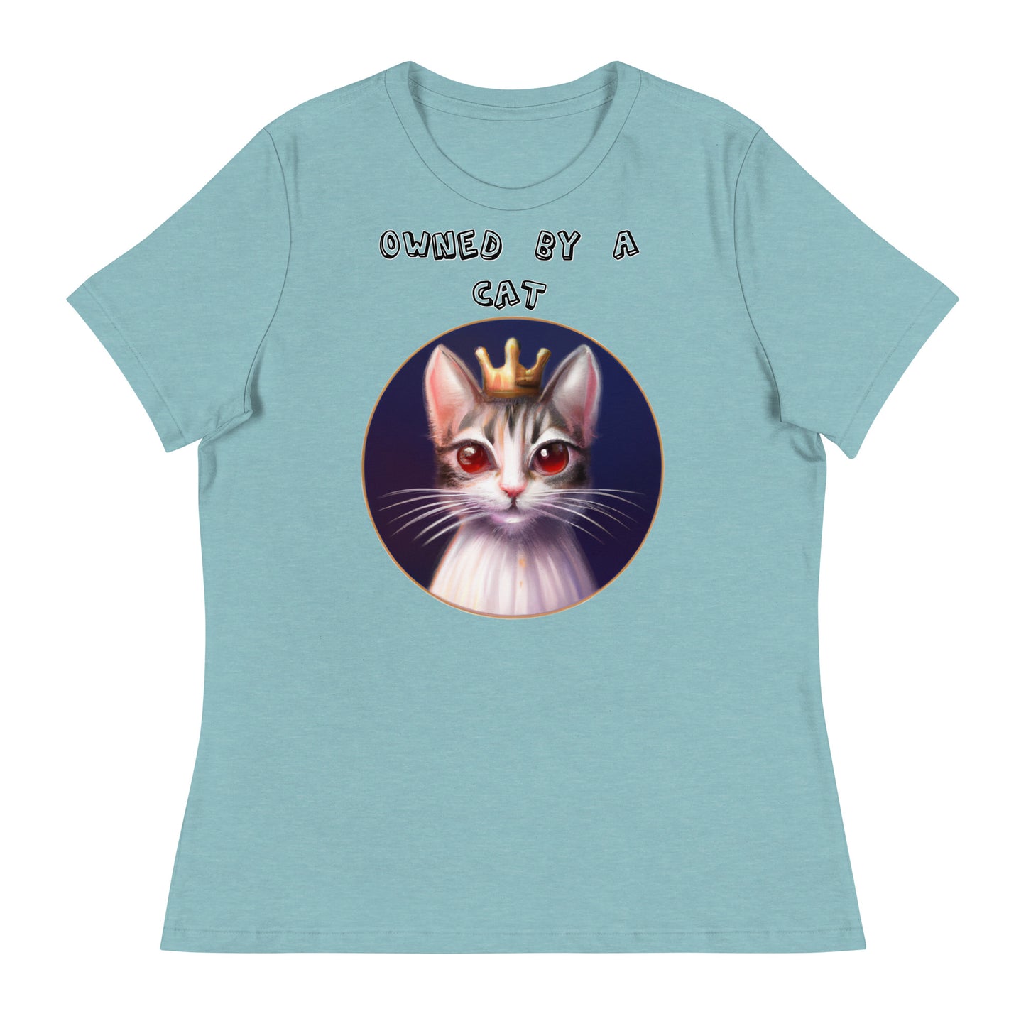 Women's White T-Shirt with Princess Cat With Red Eyes with a text "Owned by a Cat" at $25.97 found at Personalizedpetlovergifts