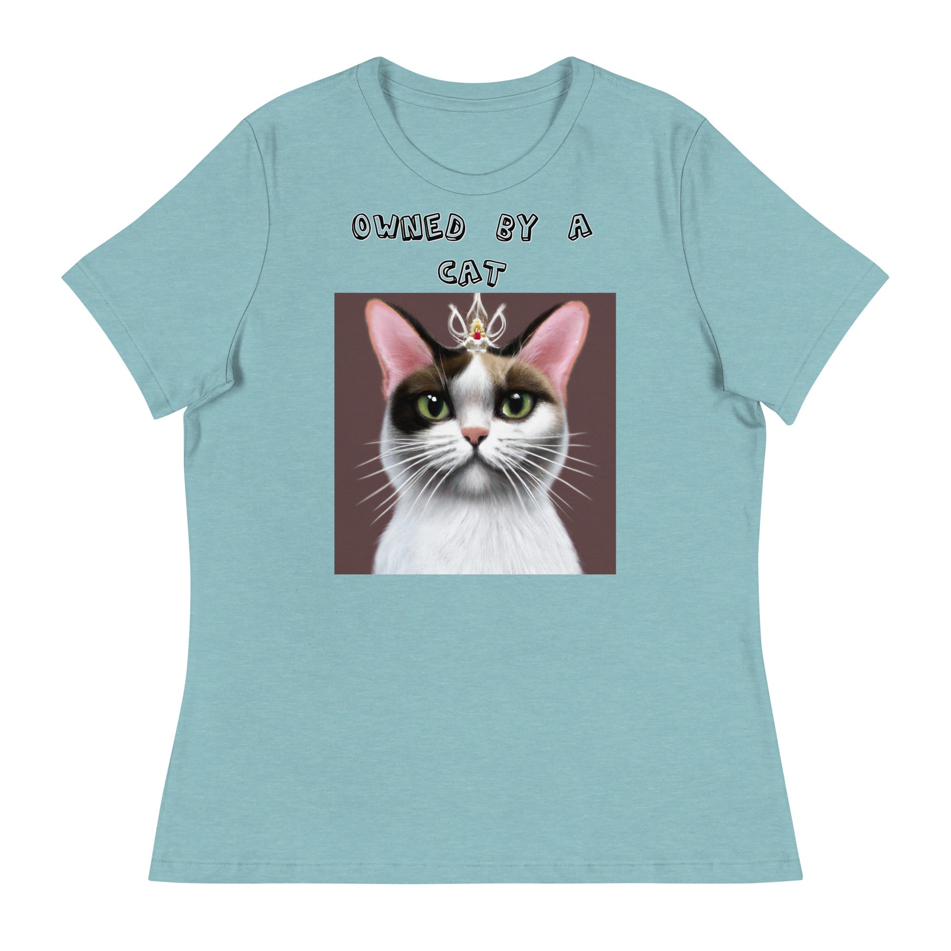 Women's White T-Shirt with Princess Cat With a Tiara with a text "Owned by a Cat" at $25.97 found at Personalizedpetlovergifts