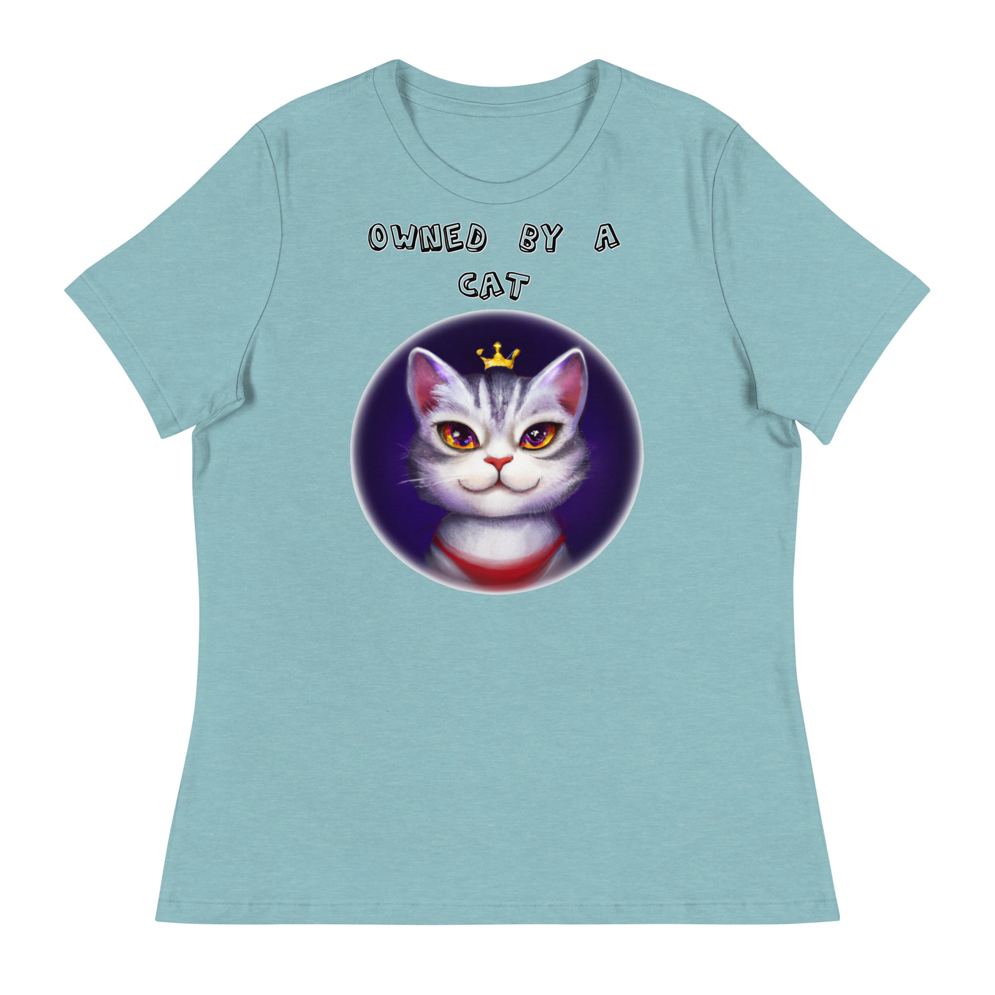 Women's White T-Shirt with Princess Cat In a Circle with a text "Owned by a Cat" at $25.97 found at Personalizedpetlovergifts