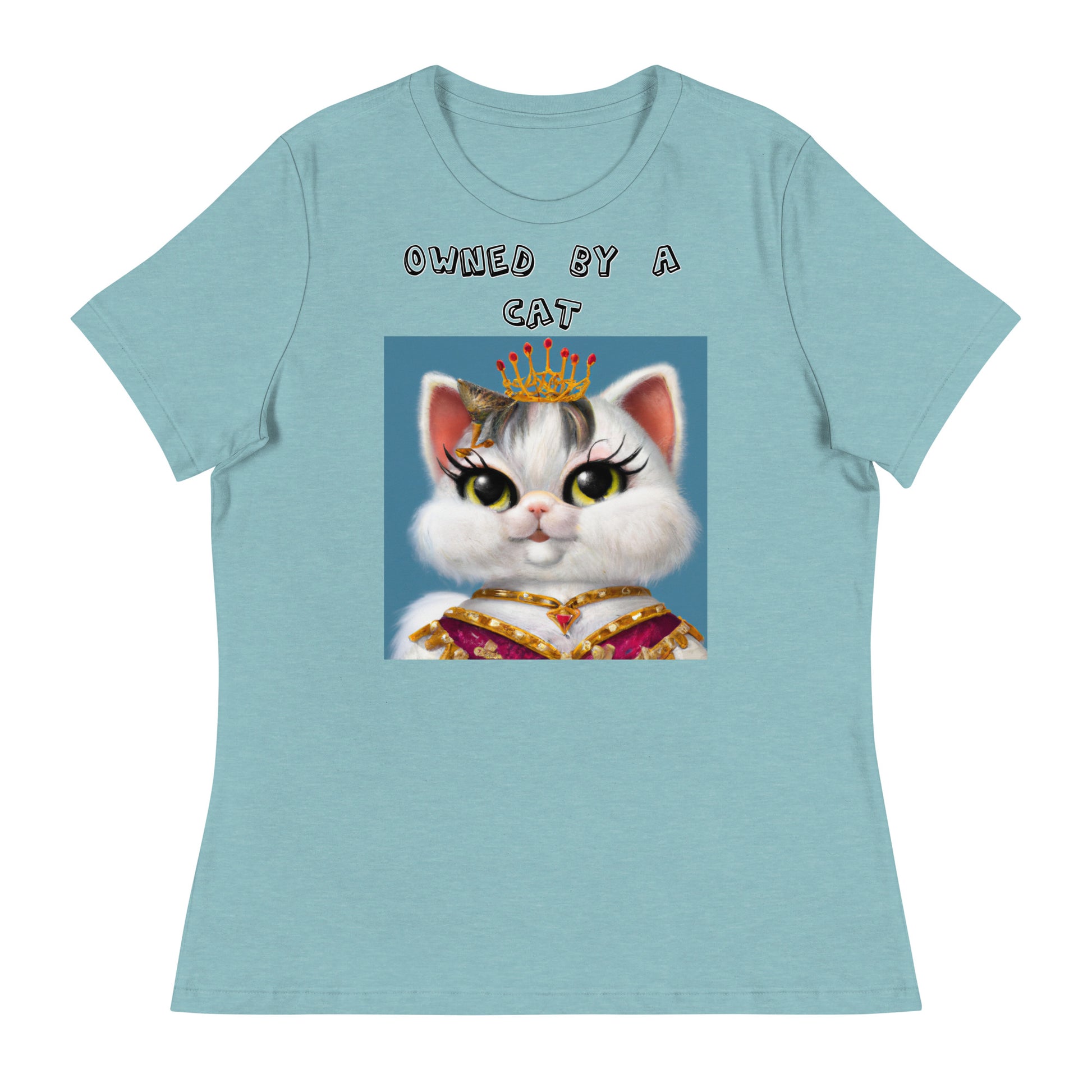 Women's White T-Shirt with Pretty Queen Cat with a text "Owned by a Cat" at $25.97 found at Personalizedpetlovergifts