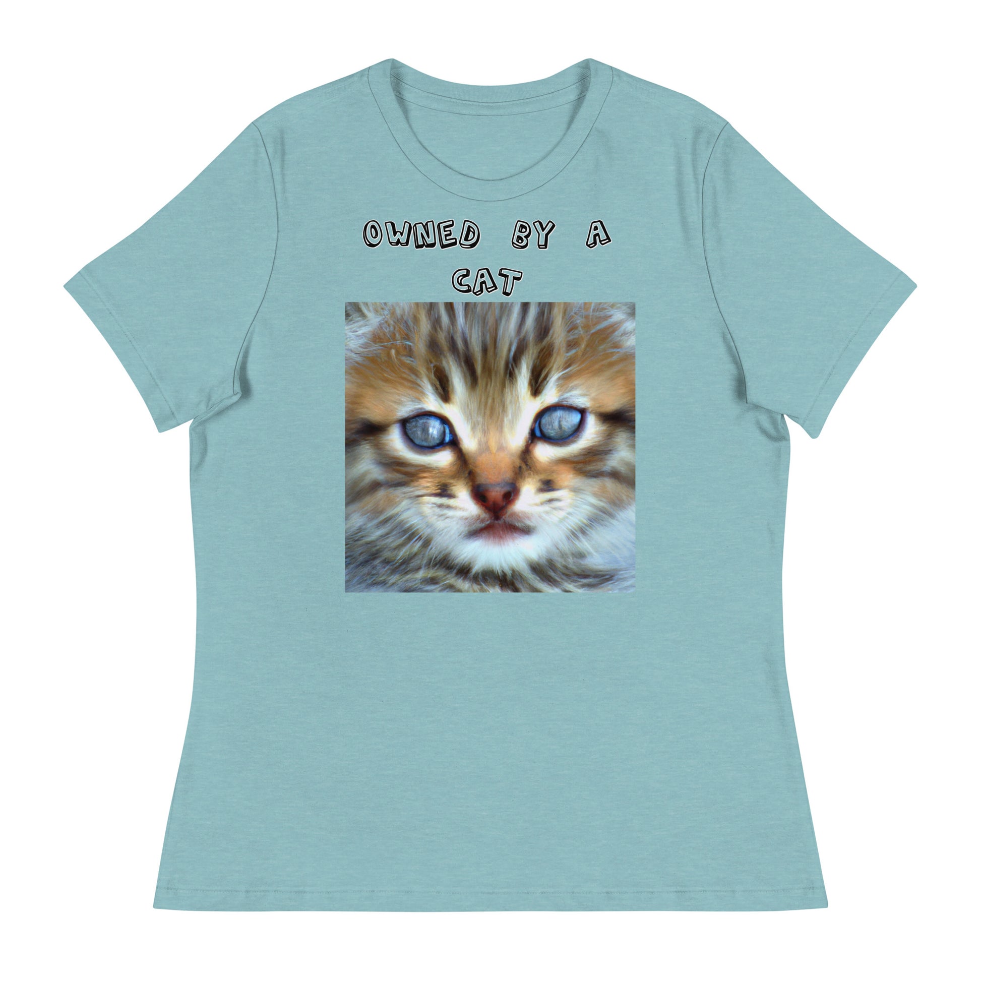 Women's White T-Shirt with Portrait Painting Of a Kitten with a text "Owned by a Cat" at $25.97 found at Personalizedpetlovergifts