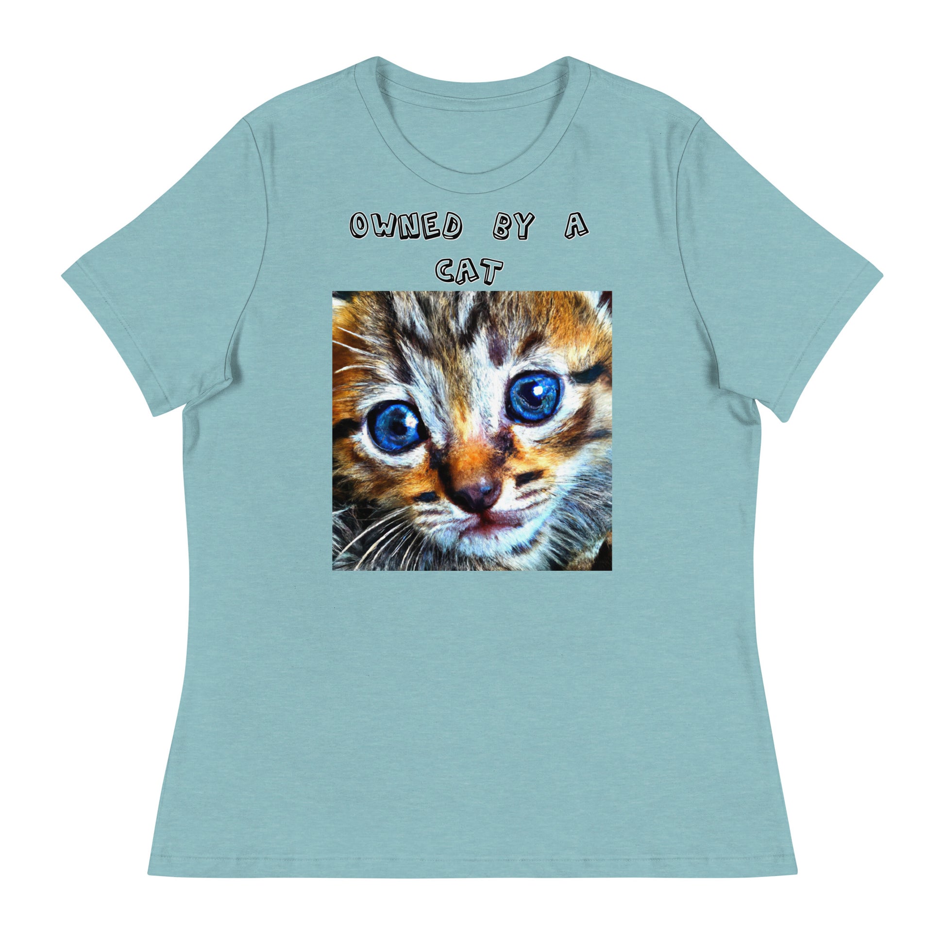 Women's White T-Shirt with Portrait Painting Of a Cat with a text "Owned by a Cat" at $25.97 found at Personalizedpetlovergifts