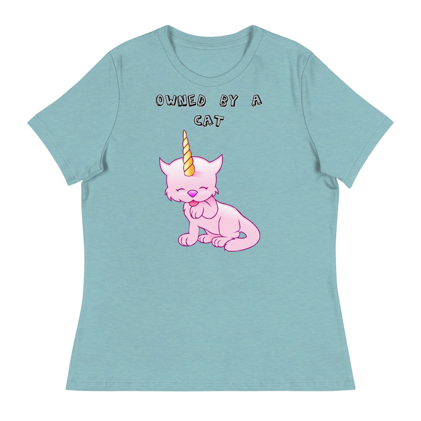 Women's White T-Shirt with Pink Unicorn Cat Licking Its Paw with a text "Owned by a Cat" at $25.97 found at Personalizedpetlovergifts