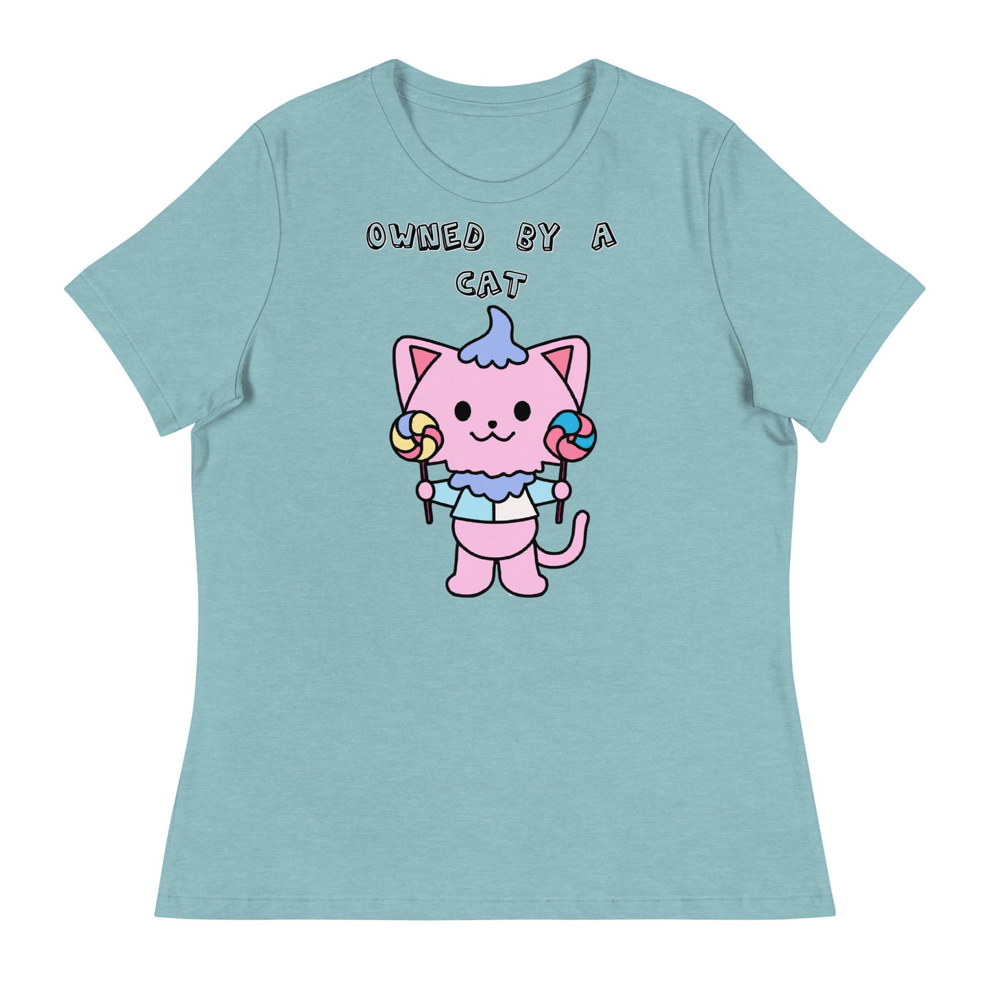 Women's White T-Shirt with Pink Kitten With Lollipops with a text "Owned by a Cat" at $25.97 found at Personalizedpetlovergifts