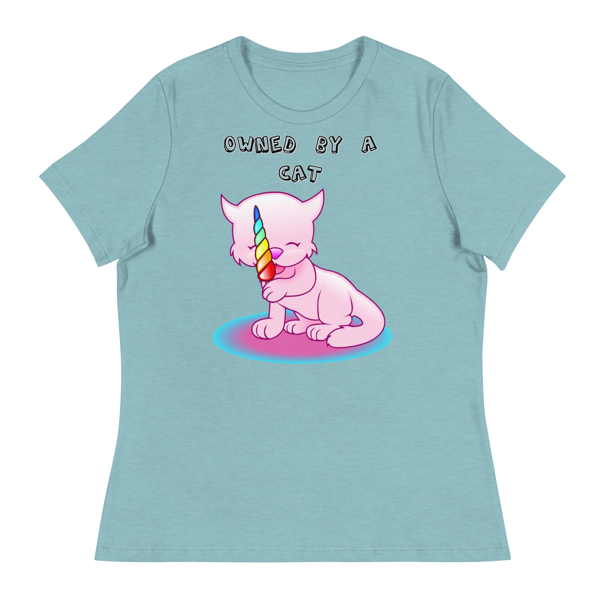 Women's White T-Shirt with Pink Kitten Licking Candy with a text "Owned by a Cat" at $25.97 found at Personalizedpetlovergifts