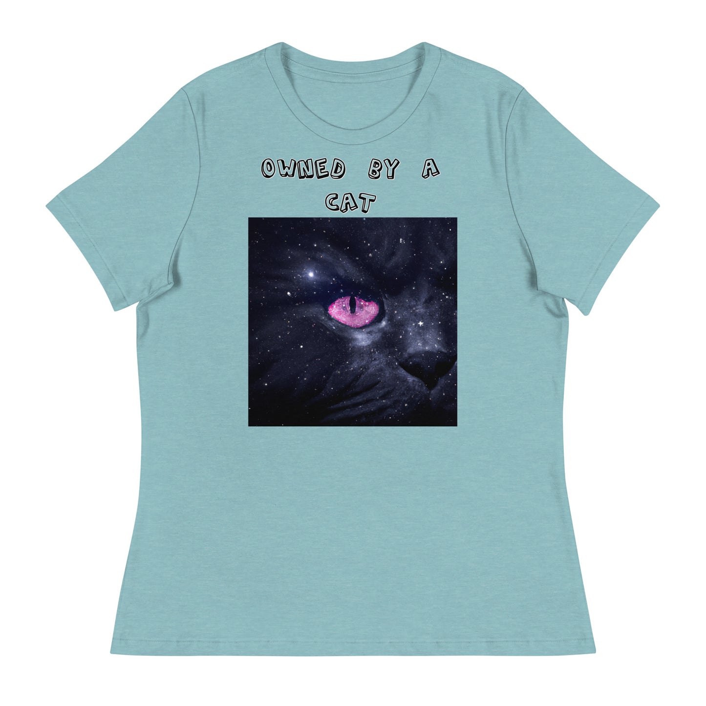 Women's White T-Shirt with Pink Galaxy Eyed Cat with a text "Owned by a Cat" at $25.97 found at Personalizedpetlovergifts