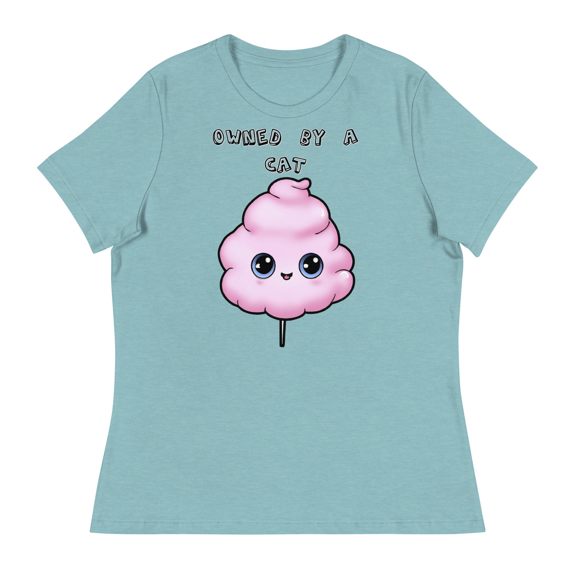 Women's White T-Shirt with Pink Cotton Candy With Cute Eyes with a text "Owned by a Cat" at $25.97 found at Personalizedpetlovergifts