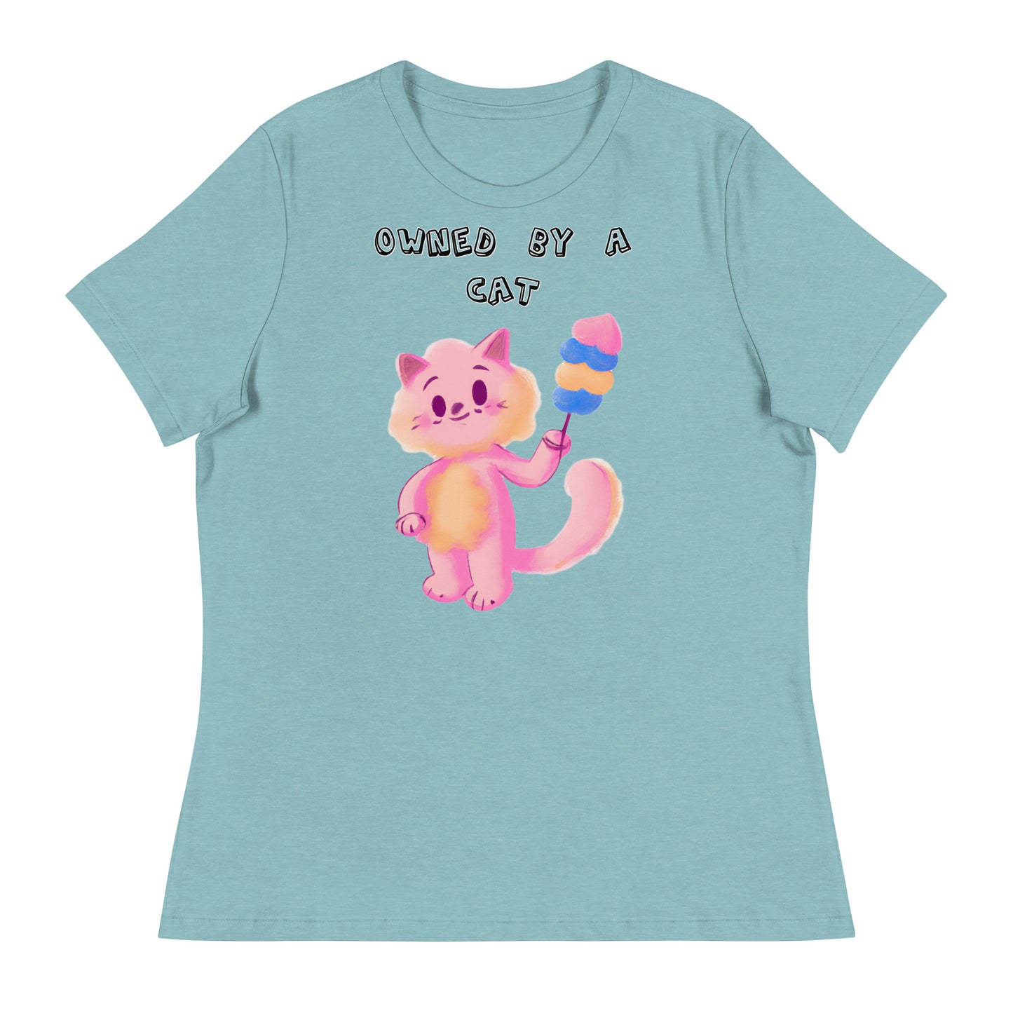 Women's White T-Shirt with Pink Cat With Cotton Candy with a text "Owned by a Cat" at $25.97 found at Personalizedpetlovergifts