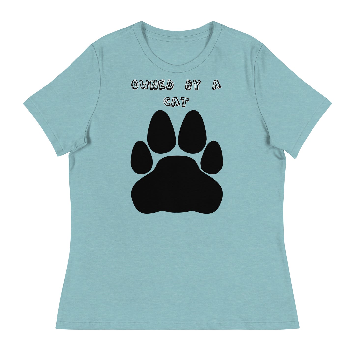 Women's White T-Shirt with Paw with a text "Owned by a Cat" at $25.97 found at Personalizedpetlovergifts