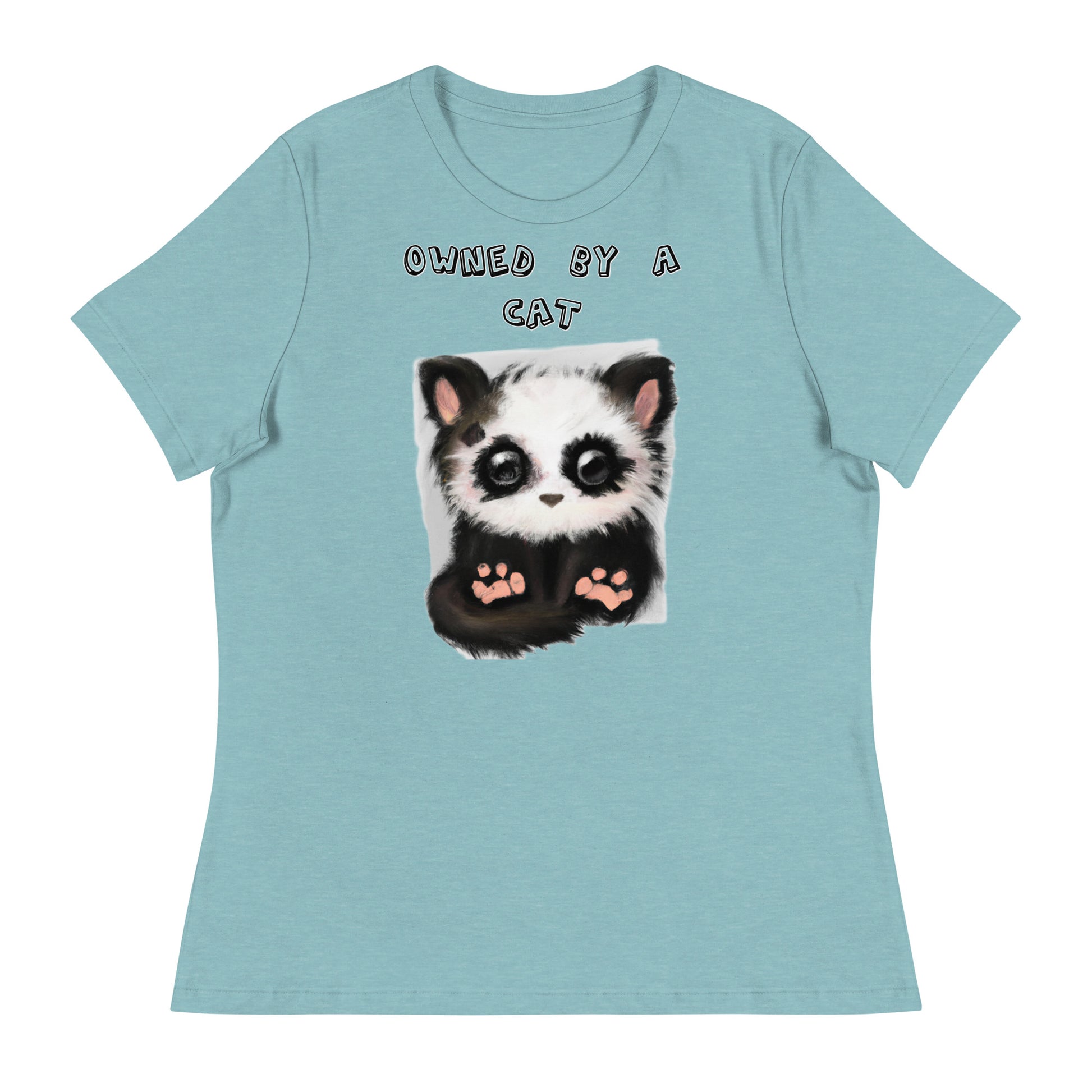 Women's White T-Shirt with Panda Kitten with a text "Owned by a Cat" at $25.97 found at Personalizedpetlovergifts