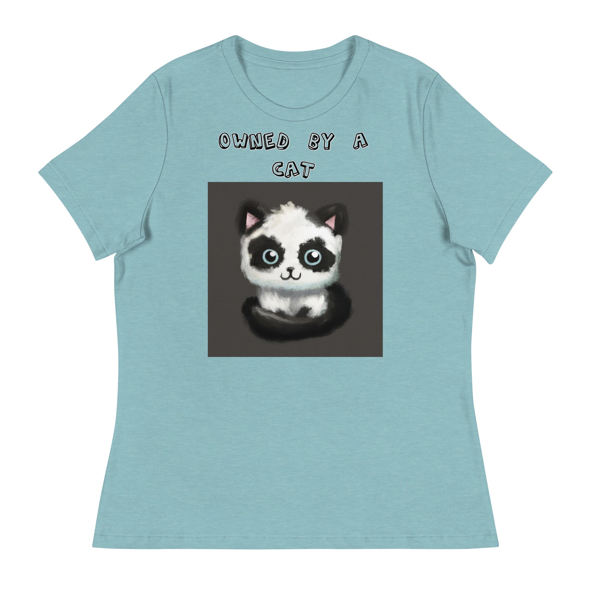 Women's White T-Shirt with Panda Colored Kitten with a text "Owned by a Cat" at $25.97 found at Personalizedpetlovergifts