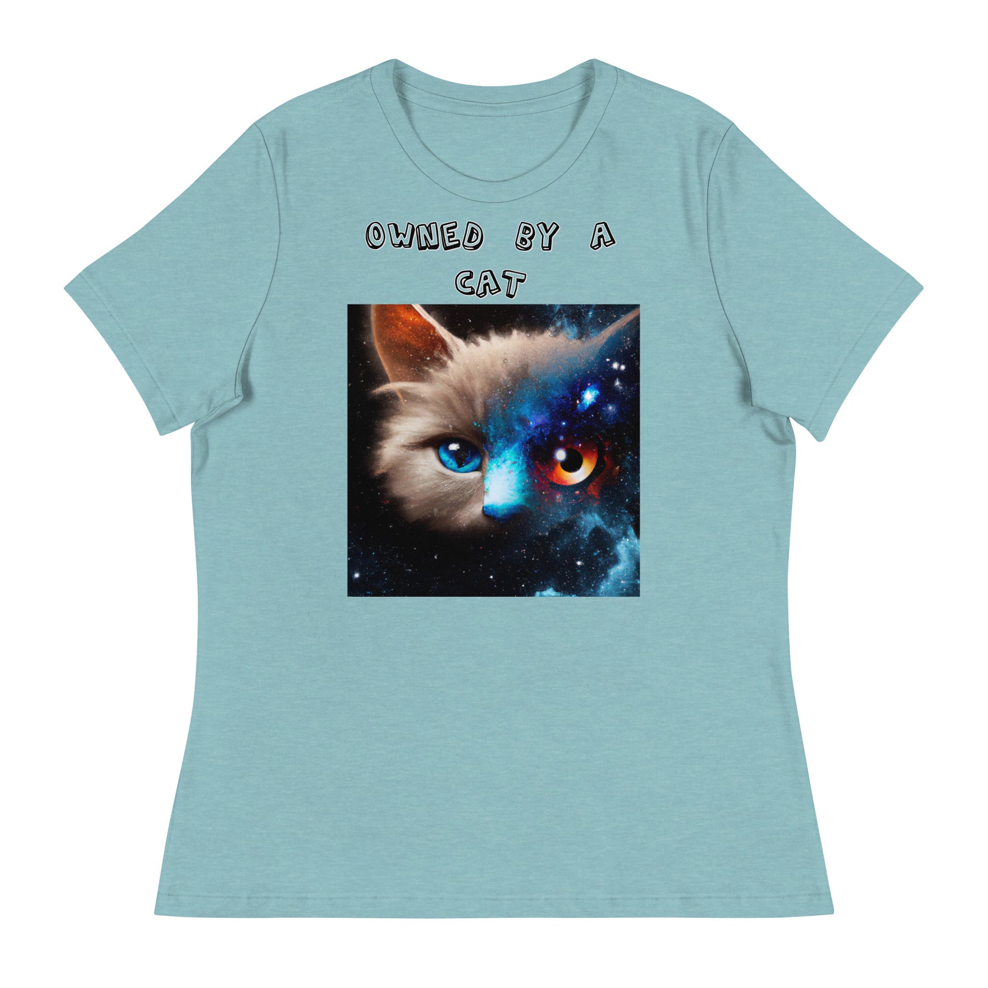 Women's White T-Shirt with Multi Colored Eyed Cat with a text "Owned by a Cat" at $25.97 found at Personalizedpetlovergifts