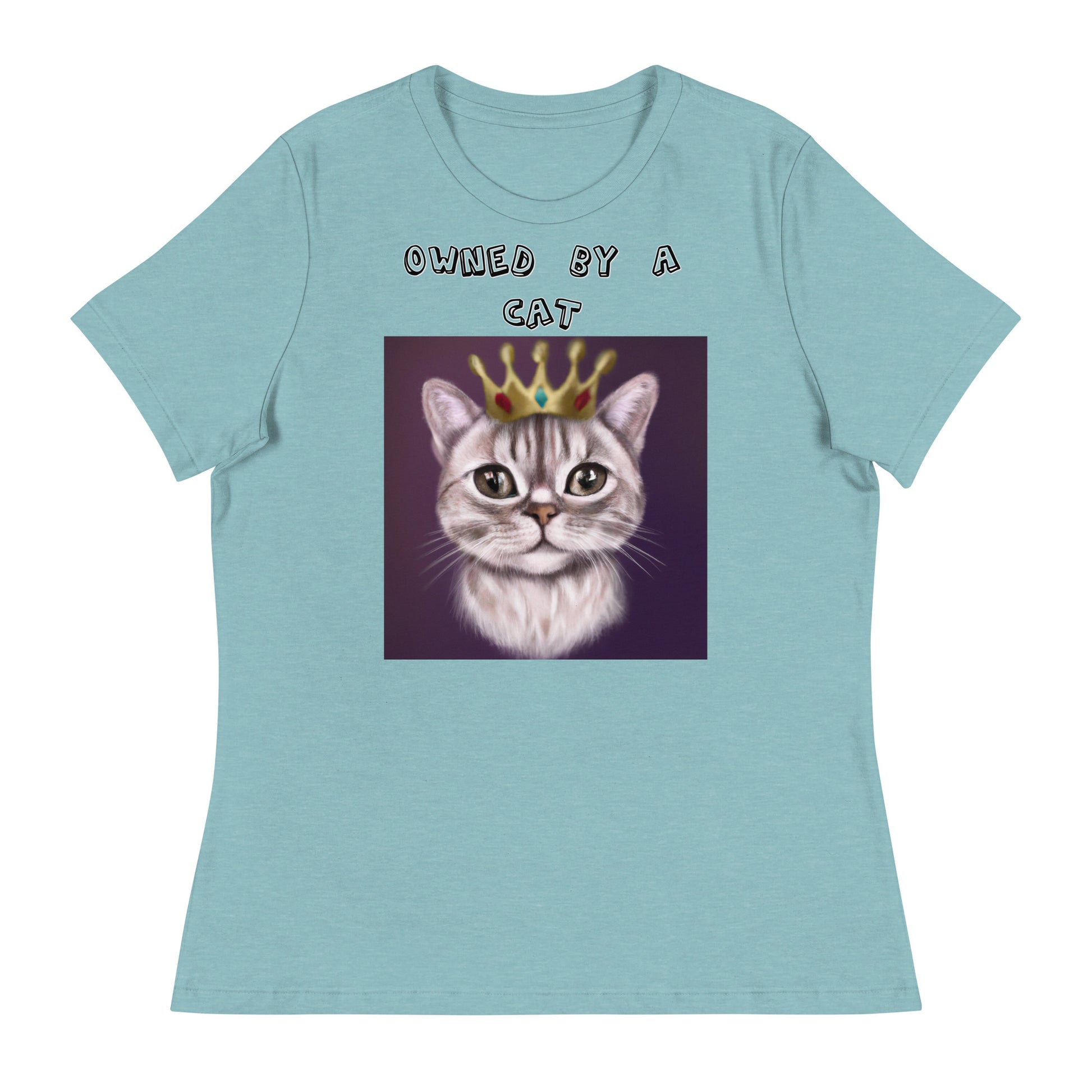 Women's White T-Shirt with Little Prince Kitten with a text "Owned by a Cat" at $25.97 found at Personalizedpetlovergifts